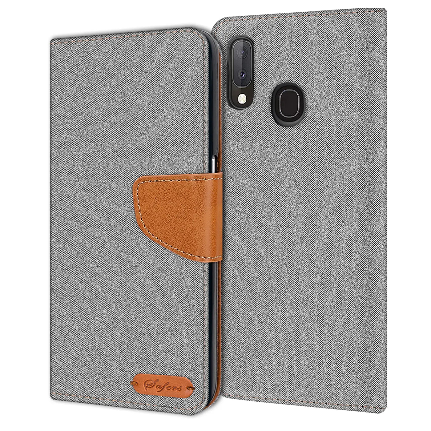 Graue Textil-Klapphülle mit braunem Lederakzent, Vorderansicht, Samsung Galaxy A20e erkennbar.