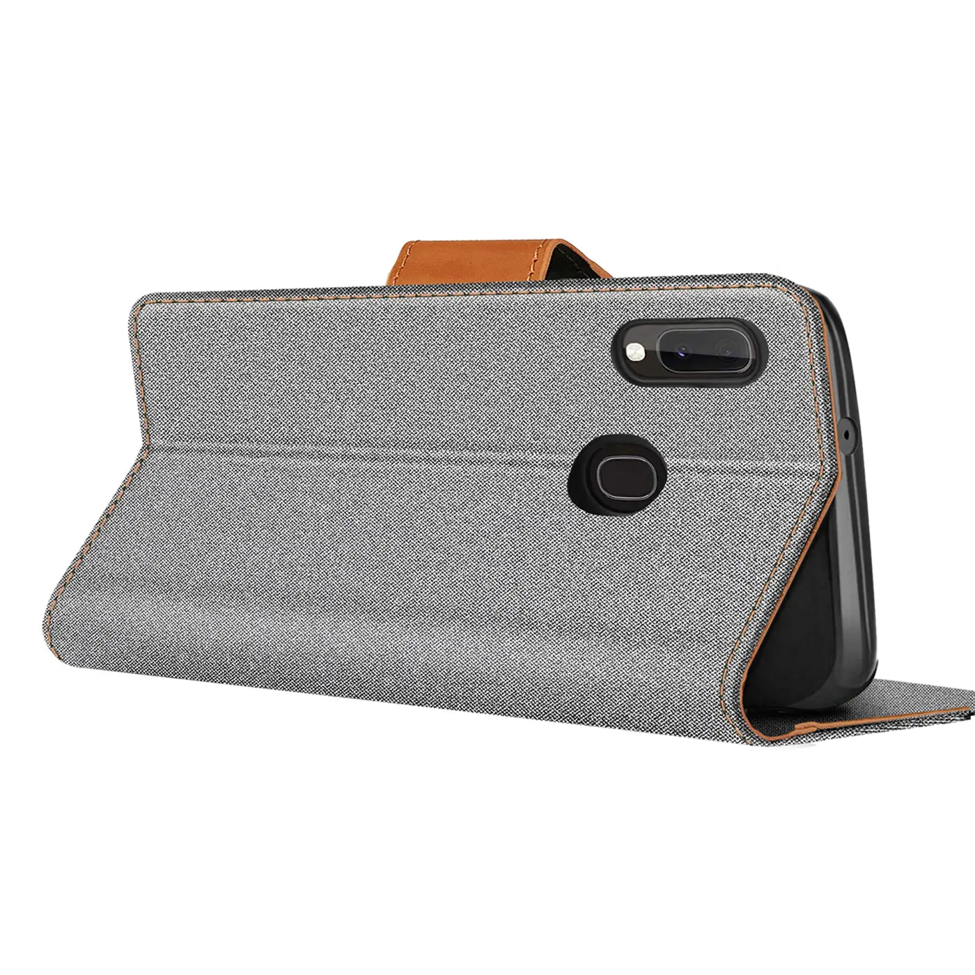 Graue Textil-Klapphülle mit braunem Lederriemen, seitliche Ansicht, zeigt Samsung Galaxy A20e.