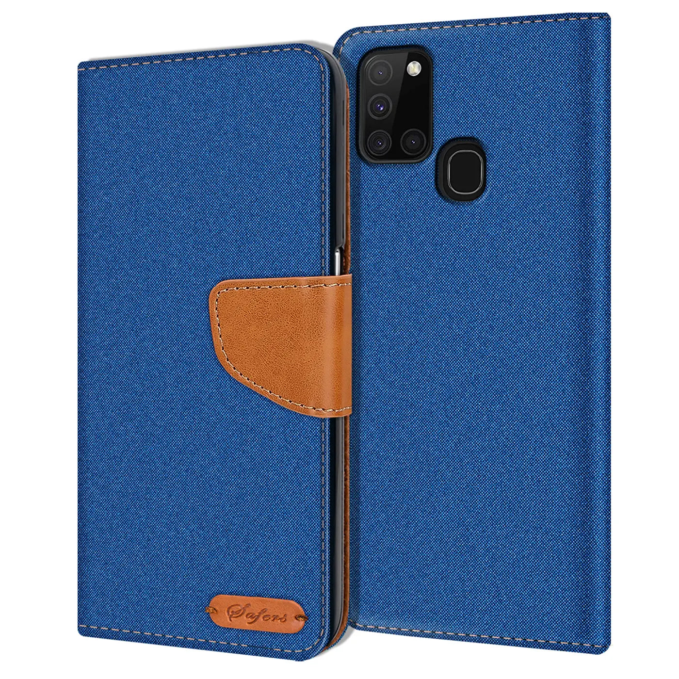 Blaue Textil-Klapphülle mit braunem Lederakzent, seitliche Ansicht, zeigt Samsung Galaxy A21s.