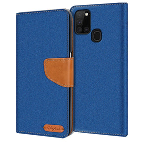 Samsung Galaxy A21s Klapphülle im Jeanslook mit Karten- und Geldfach