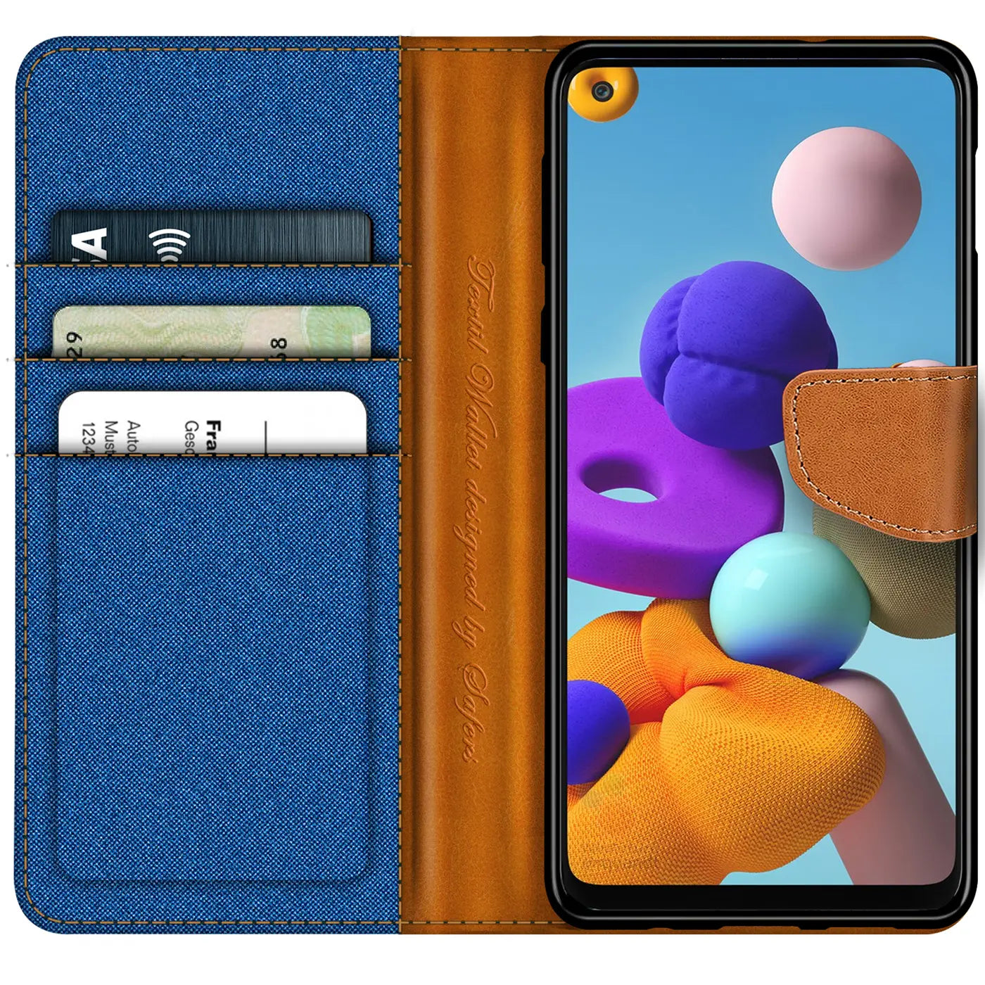 Blaue Textil-Klapphülle mit Kartenfach und braunem Lederakzent, zeigt Samsung Galaxy A21s.