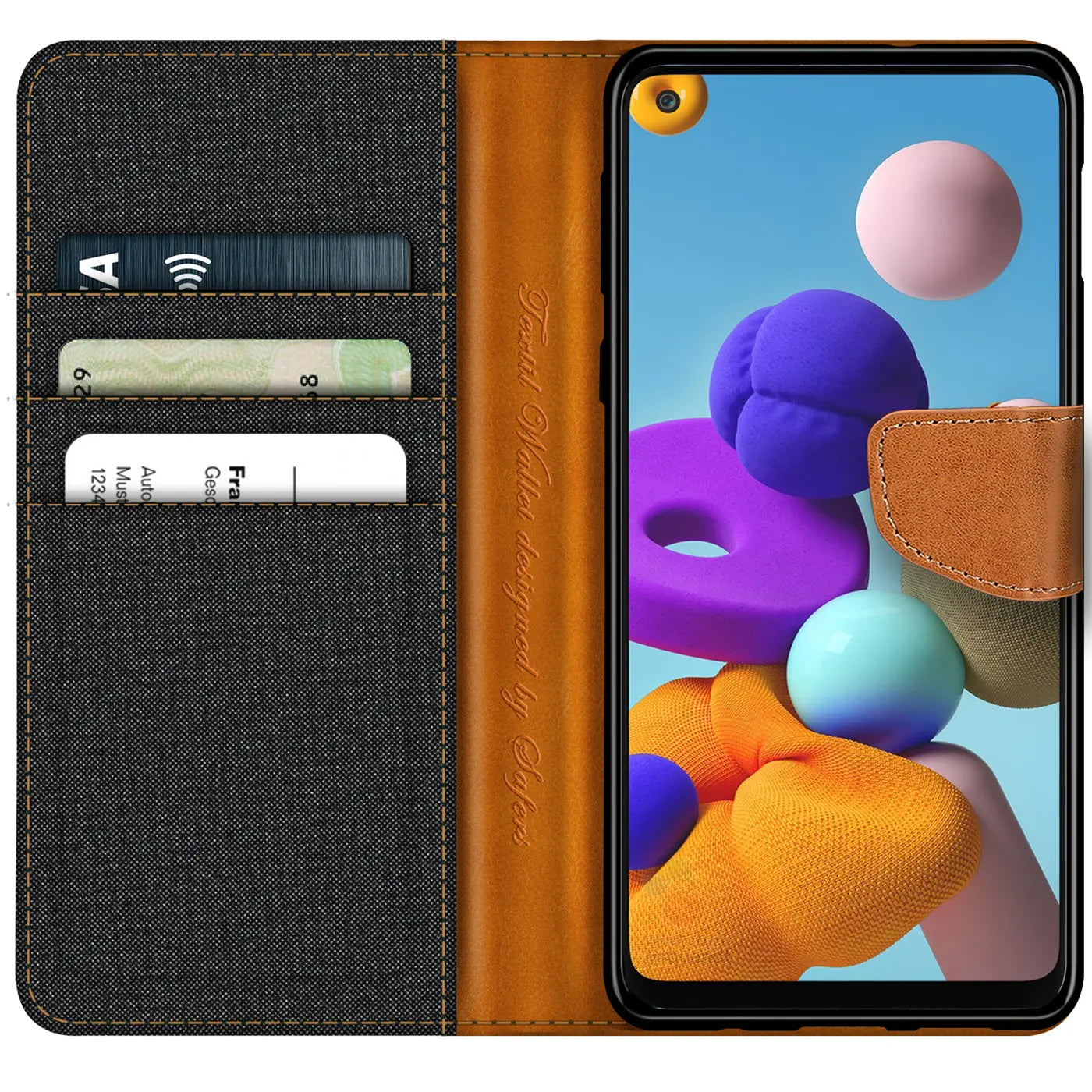 Textil-Klapphülle, braun/schwarz, mit Kartenfach, zeigt Samsung Galaxy A21s.