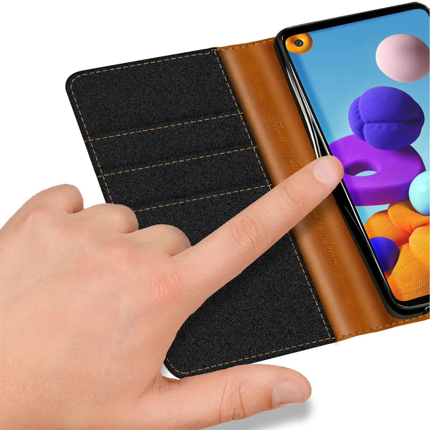 Samsung Galaxy A21s Hülle, Textil/Leder, schwarz/braun, Klapphülle, Kartenfach