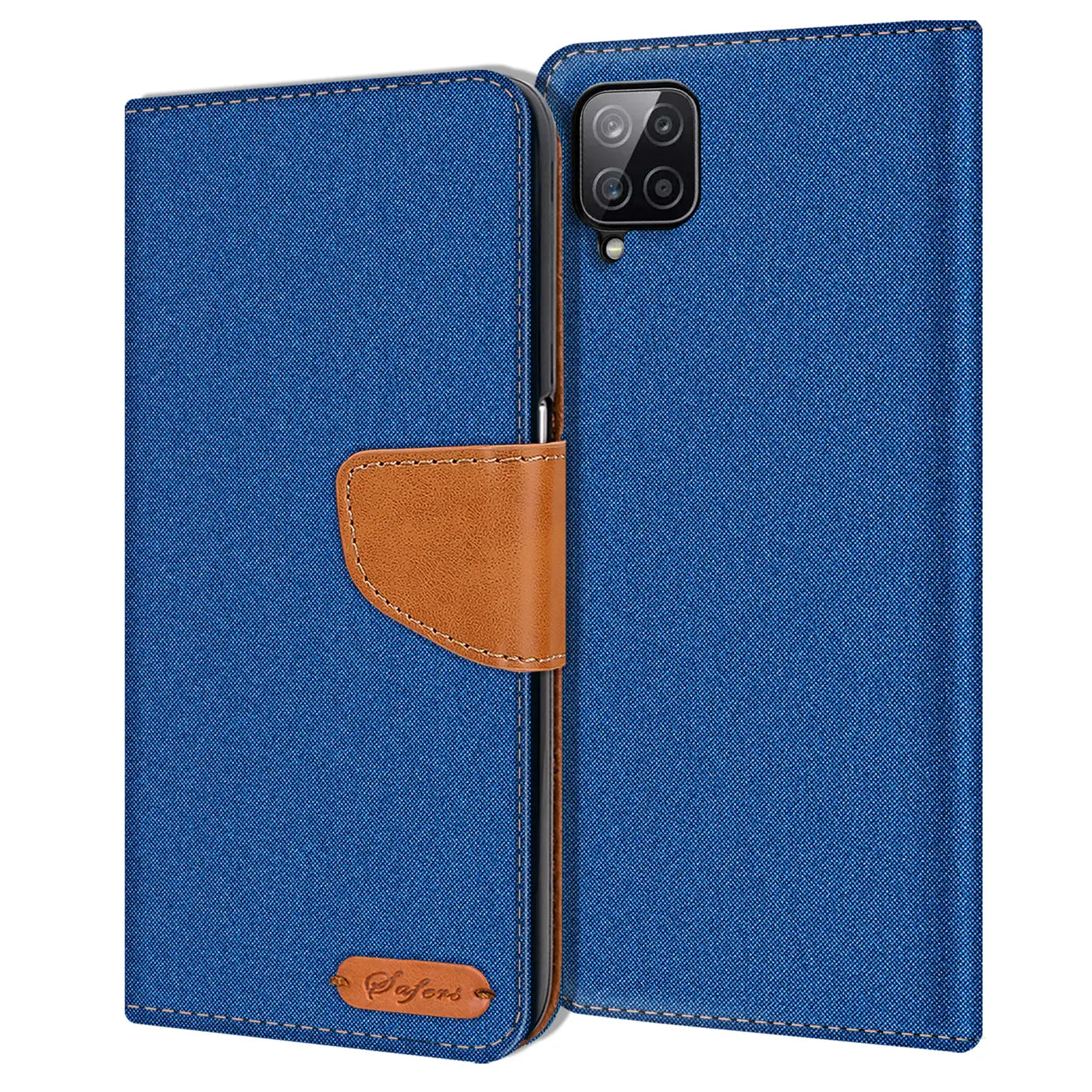 Blaue Textil-Klapphülle mit braunem Lederakzent, Vorderansicht. Samsung A22 4G/M32/M22.
