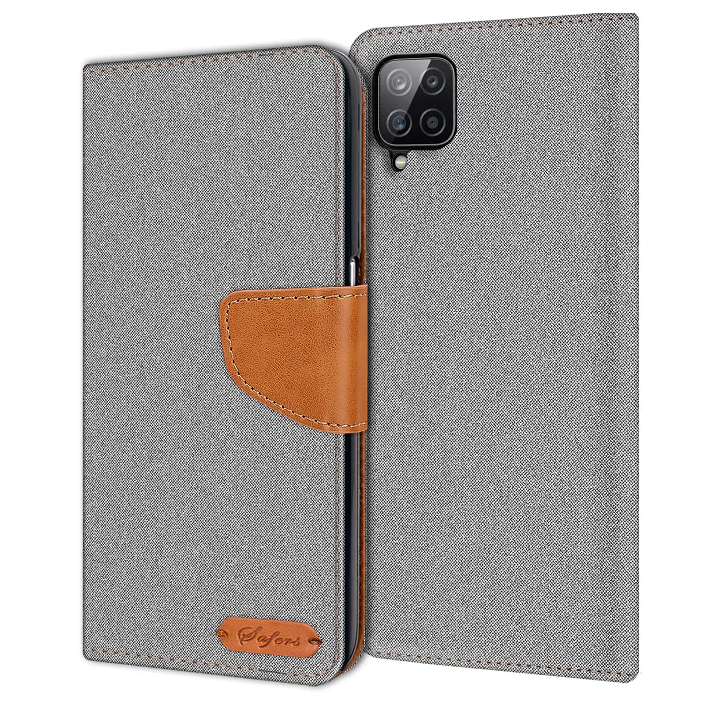 Graue Textil-Klapphülle mit braunem Lederdetail, Vorderansicht, zeigt Kamera des Samsung A22 4G.