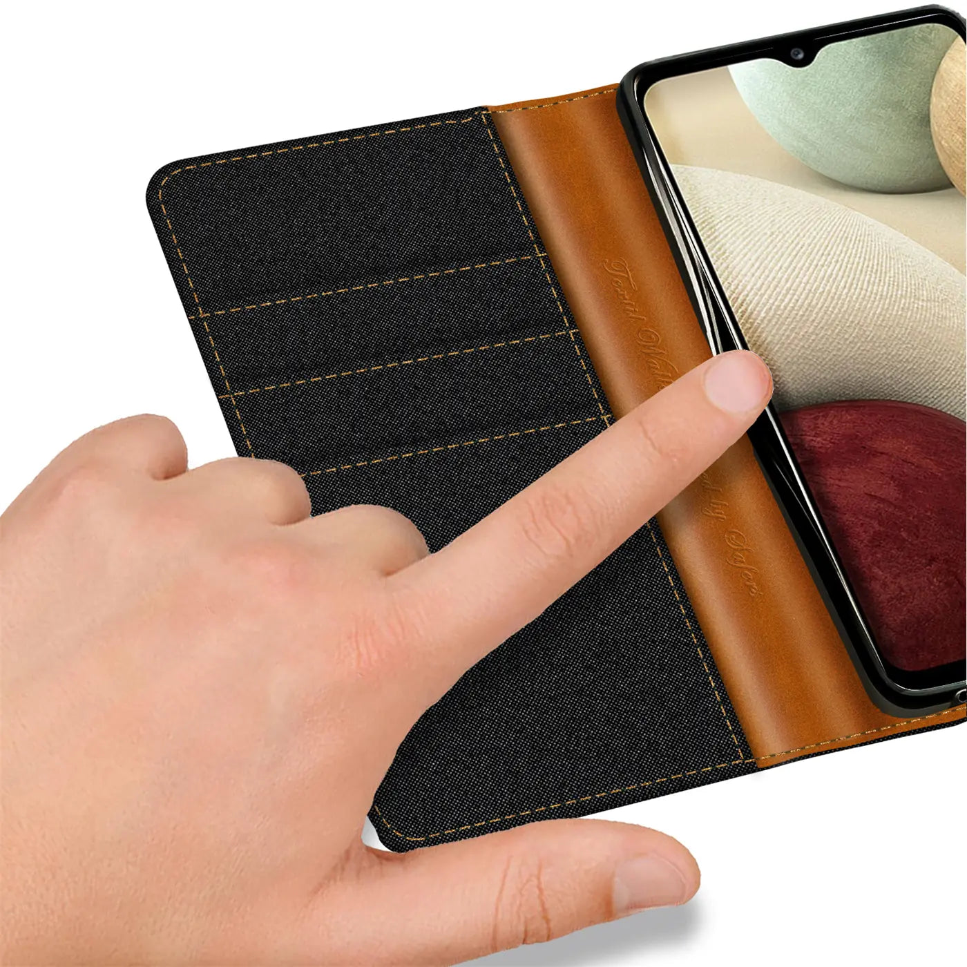 Schwarz-braune Textil-Klapphülle mit Kartenfächern, Nahaufnahme, Samsung A22 4G/M32/M22.