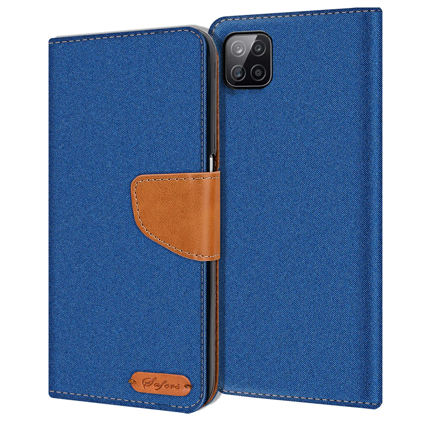 Blaue Textil-Klapphülle mit braunem Lederriemen, offen, zeigt Samsung Galaxy A22 5G Rückseite.