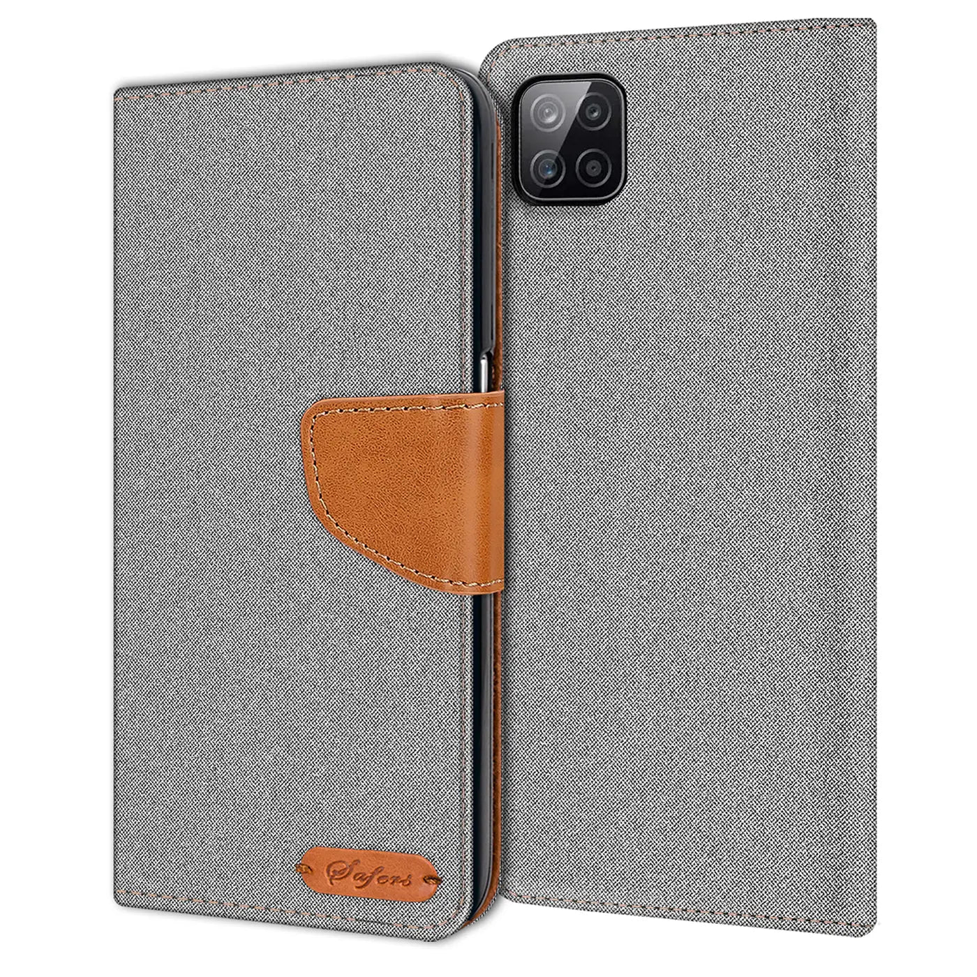 Graue Textil-Klapphülle mit braunem Lederakzent, offen, zeigt Samsung Galaxy A22 5G Rückseite.
