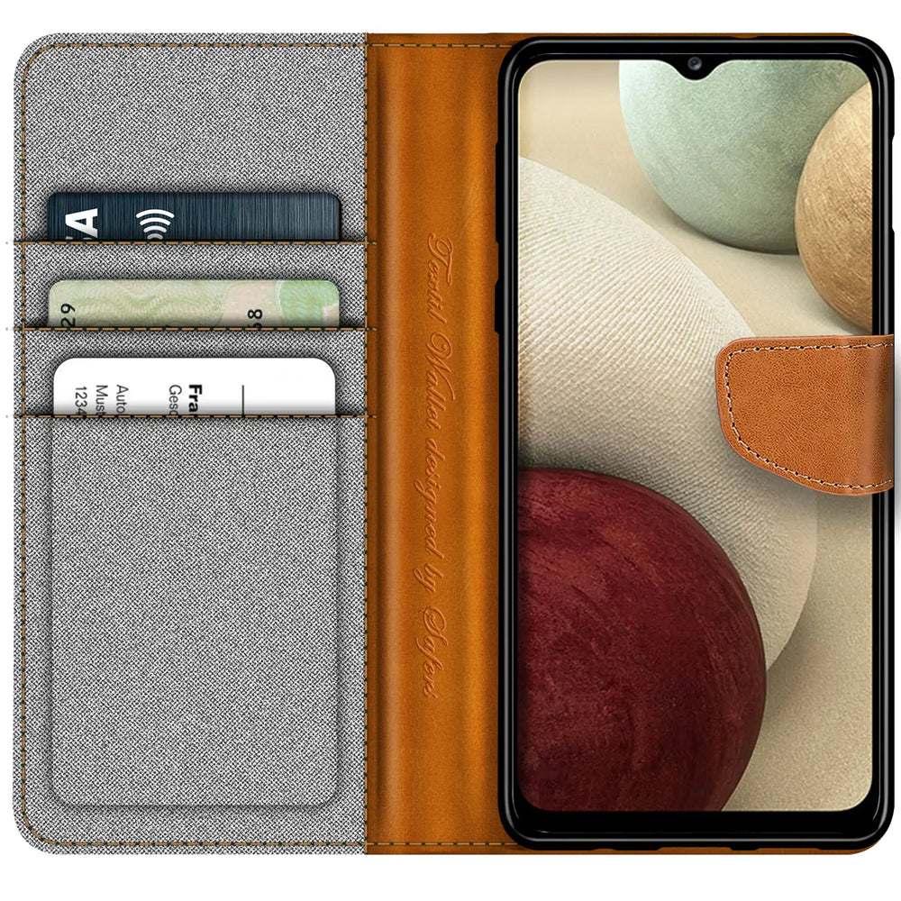 Graue Textil-Klapphülle mit braunen Lederdetails, Kartenfächer, Samsung Galaxy A22 5G.