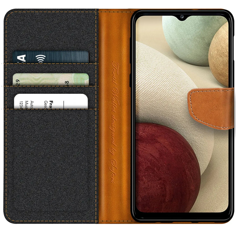 Textil-Klapphülle mit Kartenfach für Samsung Galaxy A22 5G, braun/grau, von vorn