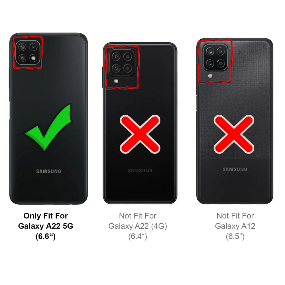 Drei Samsung-Handys: links A22 5G (grüner Haken), Mitte A22 4G (rotes Kreuz), rechts A12 (rotes Kreuz).