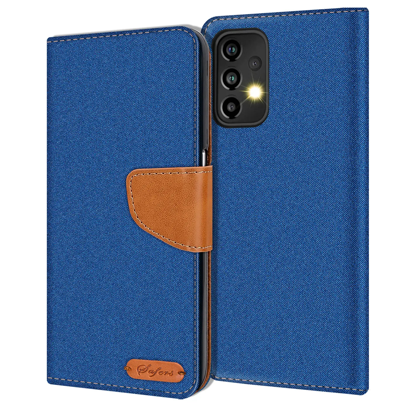 Blaue Textil-Klapphülle mit braunem Lederakzent, geöffnet, zeigt Rückseite eines Samsung Galaxy A23 5G.
