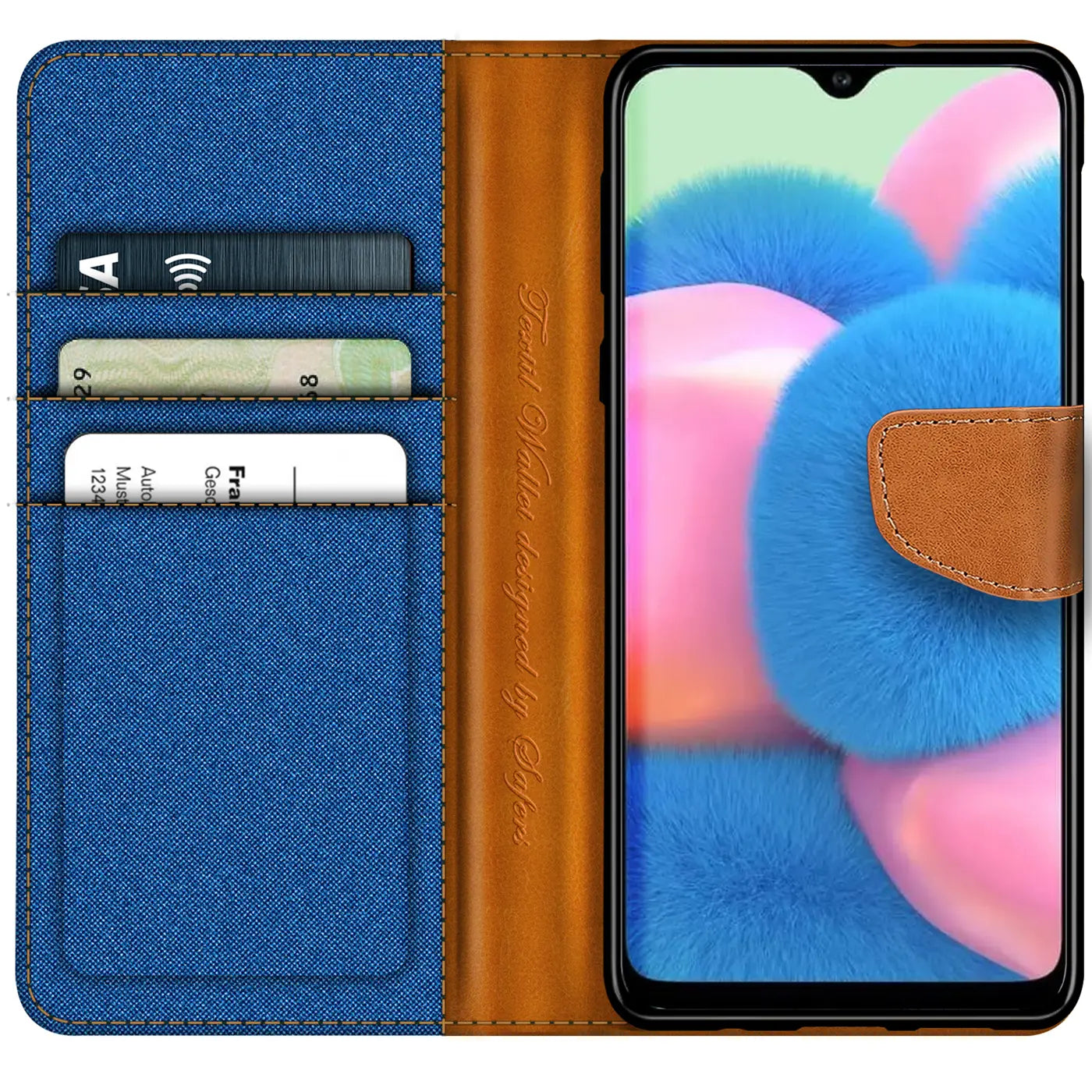 Blaue Textil-Klapphülle mit braunem Leder-Akzent, Kartenfächern, zeigt Samsung Galaxy A23 5G.