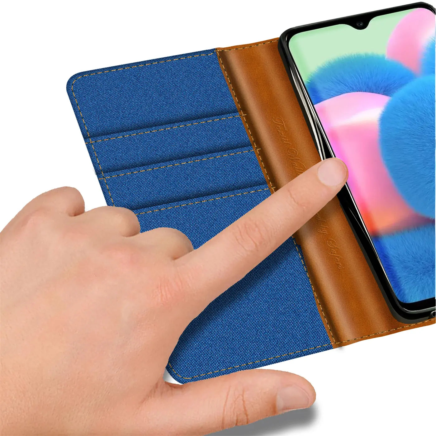 Blaue Textil-Klapphülle mit braunem Kunstleder, Kartenfächer, Samsung Galaxy A23 5G.