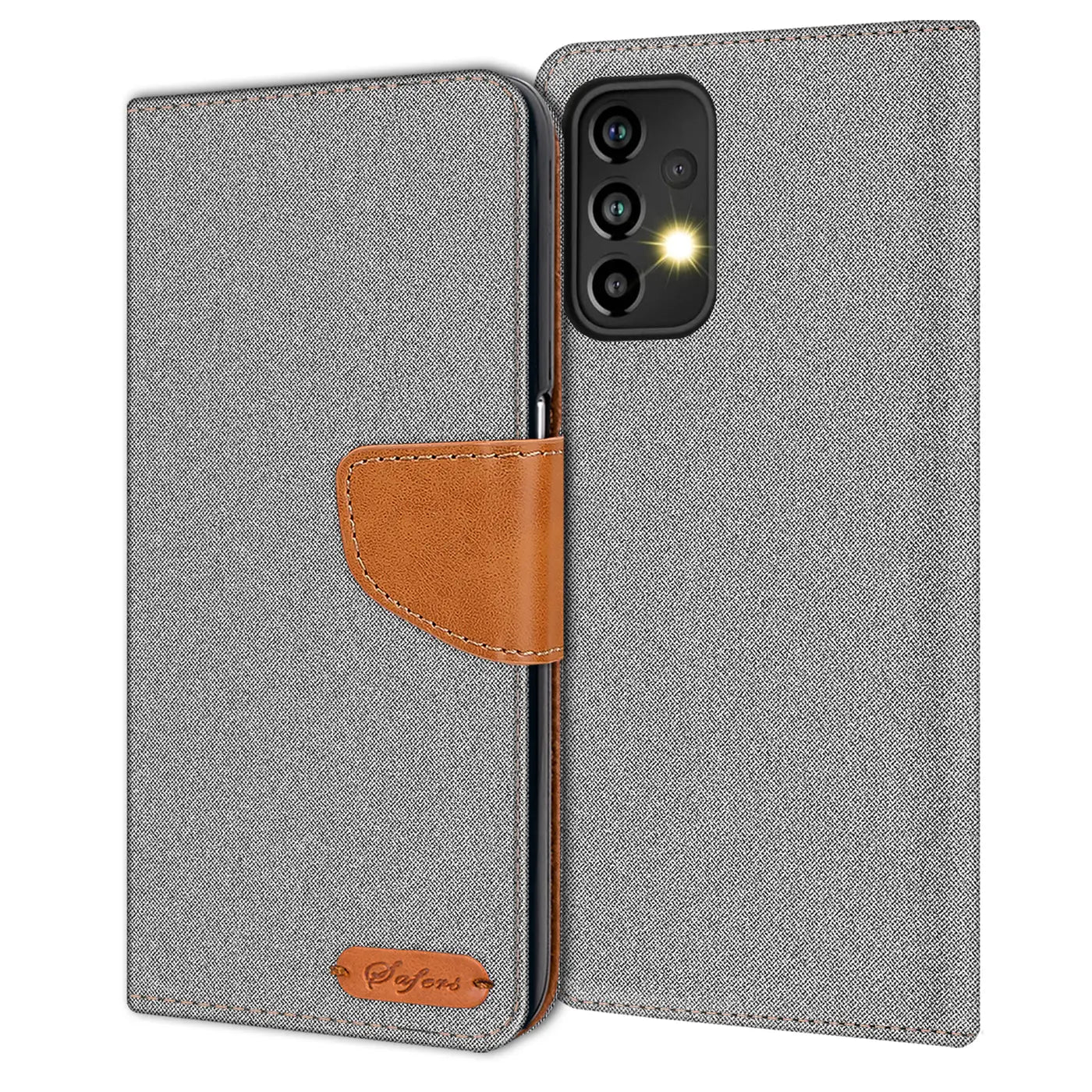 Graue Textil-Klapphülle mit braunem Lederakzent für Samsung Galaxy A23 5G, von vorne.