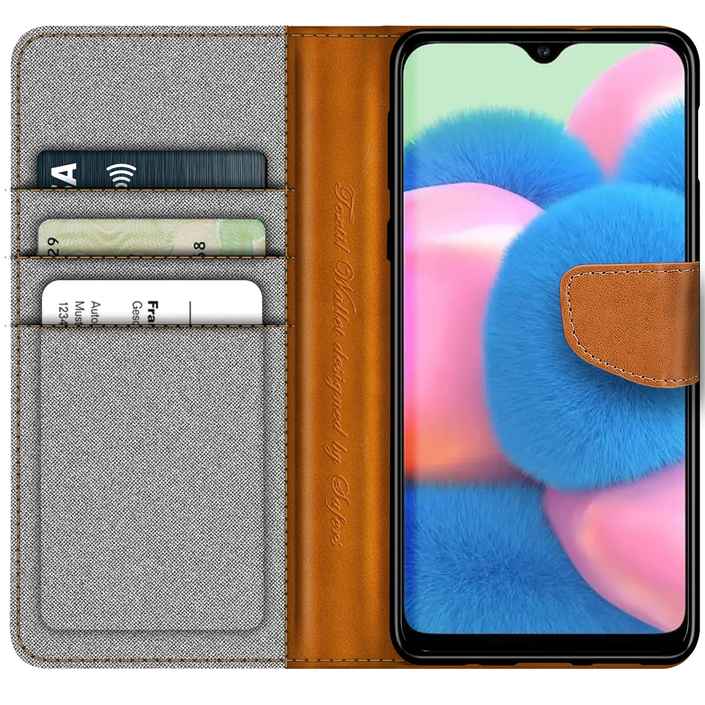 Graue Textil-Klapphülle mit braunen Lederdetails, von vorne, mit Samsung Galaxy A23 5G und Kartenfächern.