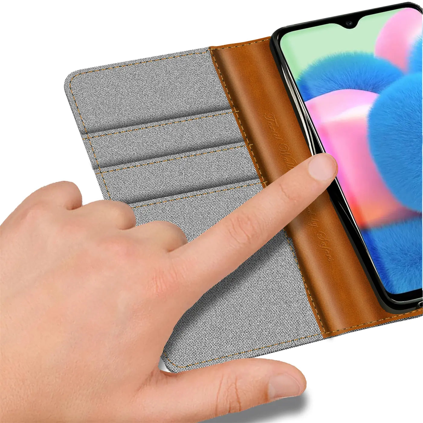 Graue Textil-Klapphülle mit braunem Lederdetail, Kartenfächer, Samsung Galaxy A23 5G.