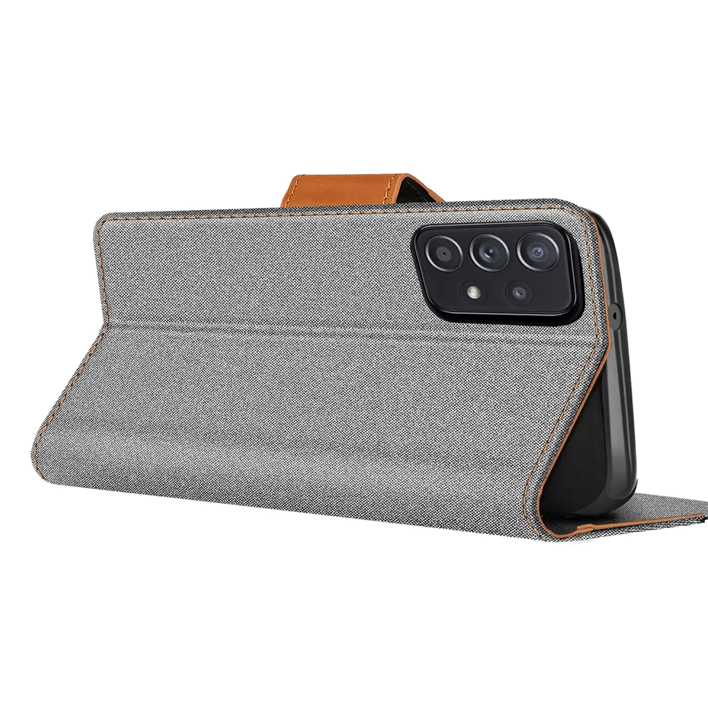 Graue Textil-Klapphülle mit braunem Riemen, seitliche Ansicht, zeigt Samsung Galaxy A23 5G.