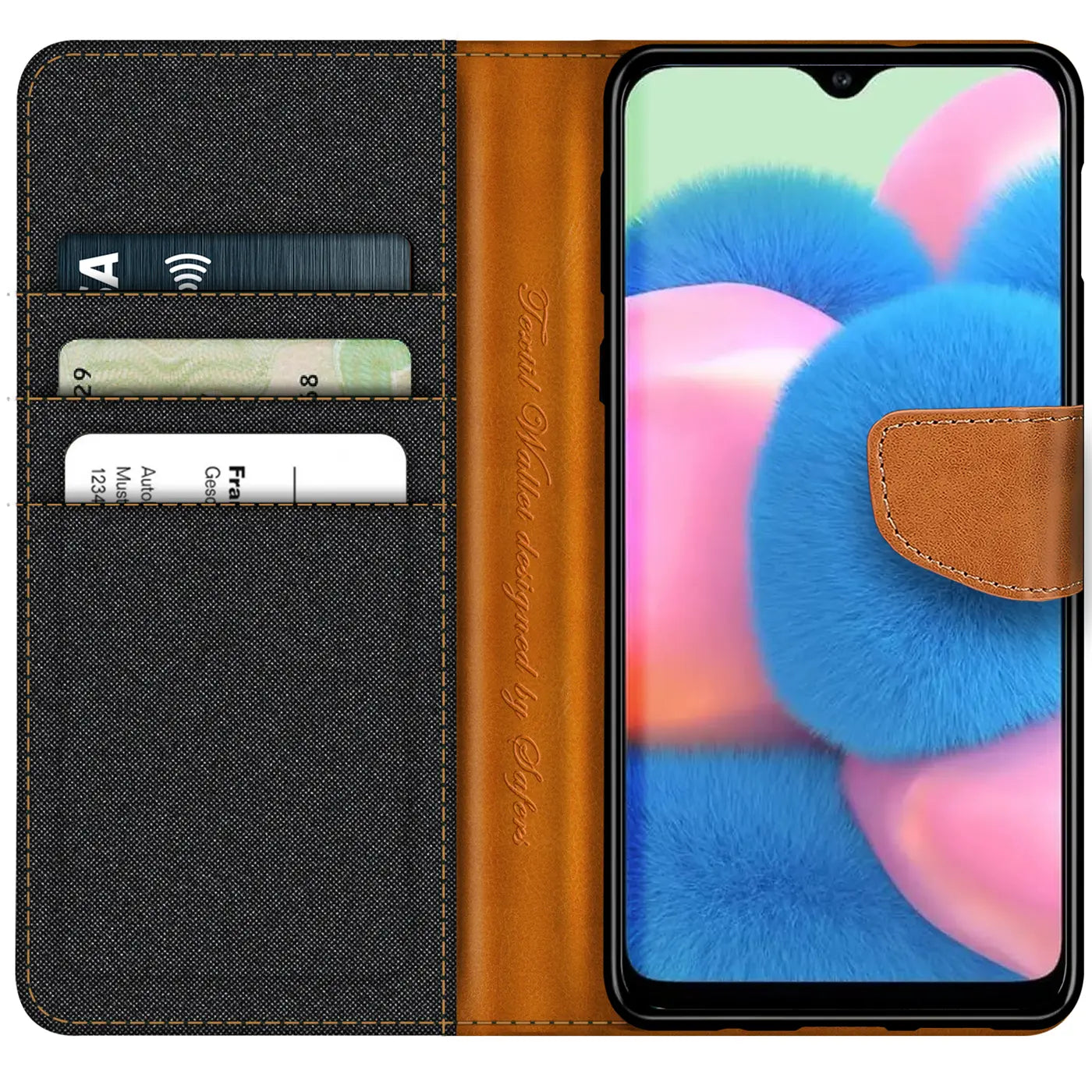 Textil-Klapphülle in Schwarz/Braun mit Kartenfach, offen, zeigt Samsung Galaxy A23 5G.