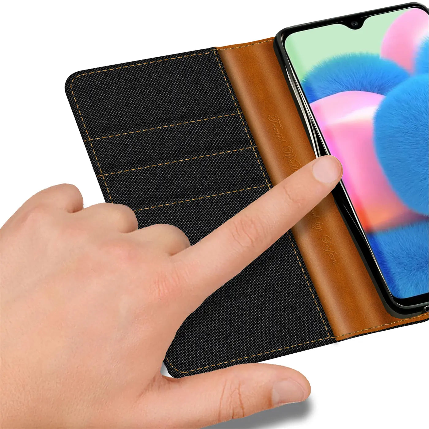 Textil-Klapphülle, braun/schwarz, mit Kartenfächern, Samsung Galaxy A23 5G.