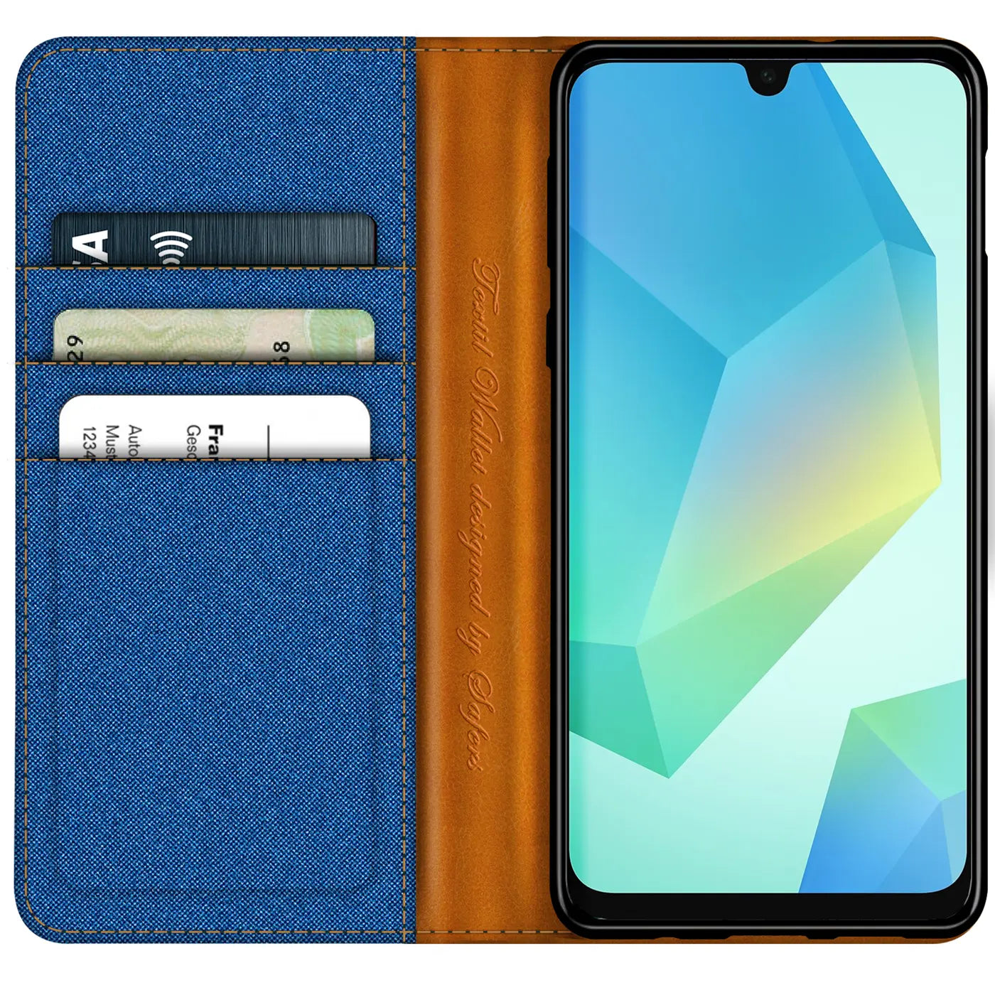 Blaue Textil-Klapphülle mit braunem Lederfach, zeigt Samsung A26 5G.