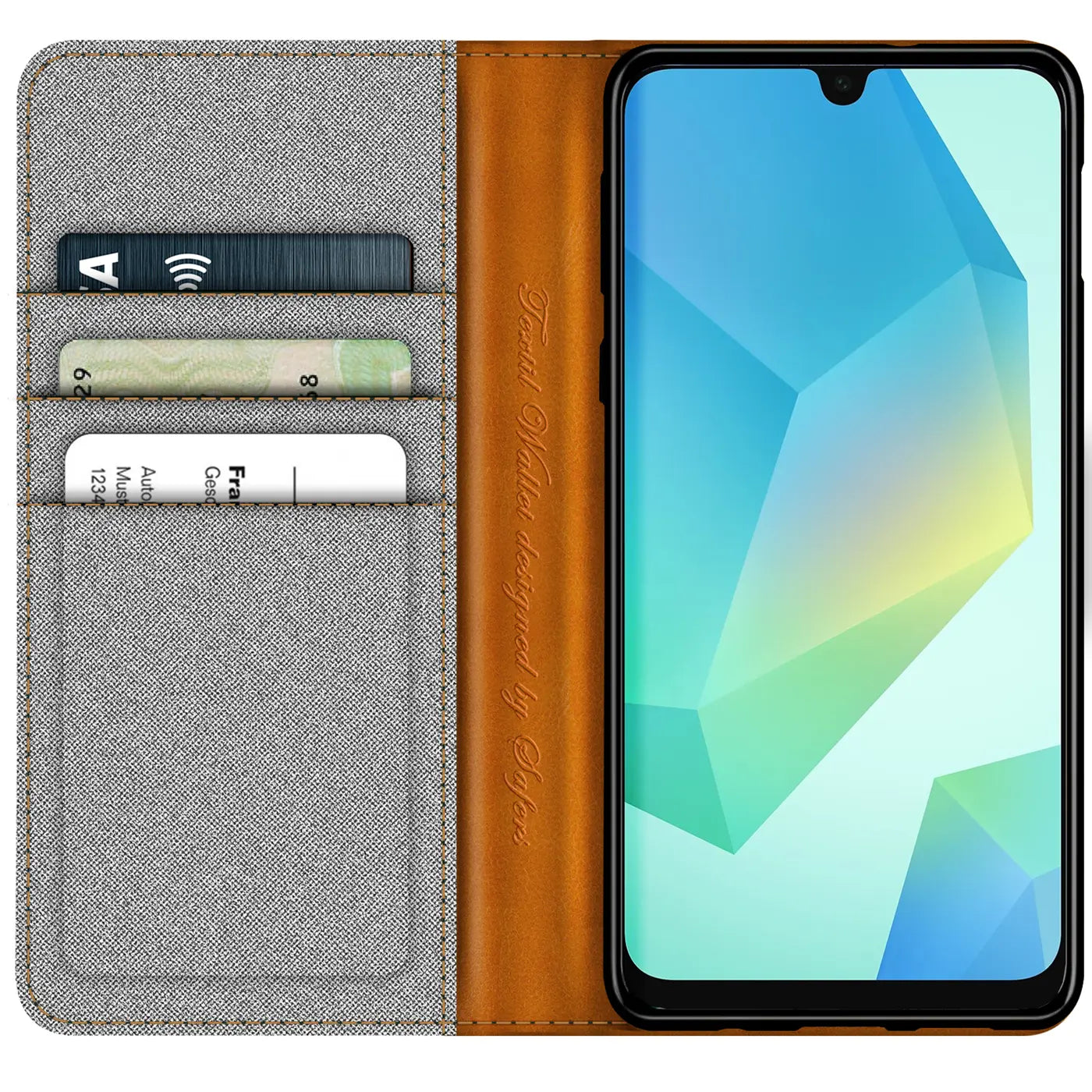 Graue Textil-Klapphülle mit braunem Lederdetail, Kartenfach, Samsung A26 5G.