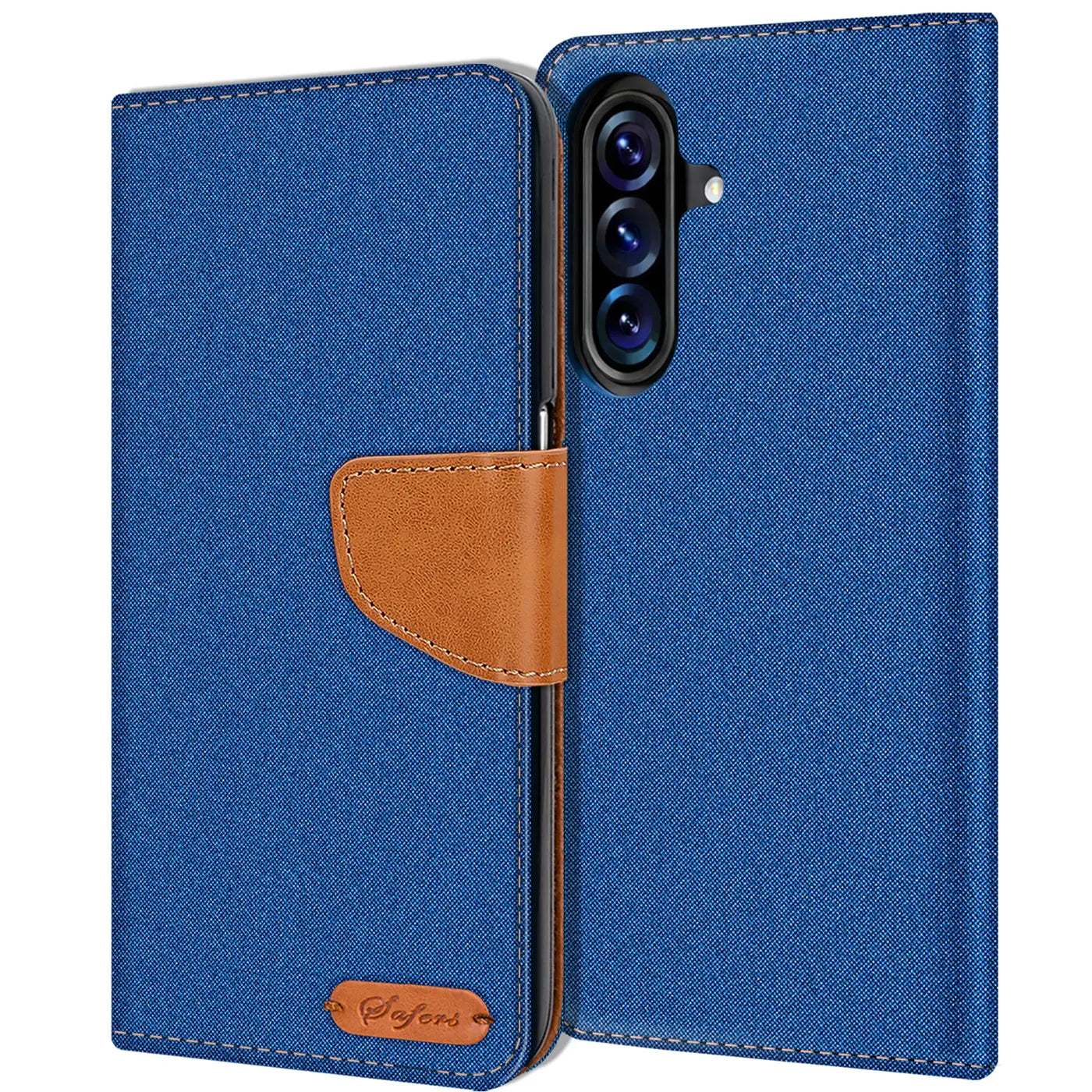 Blaue Textil-Klapphülle mit braunem Lederdetail, offen, zeigt Samsung Galaxy A27 5G Rückseite.