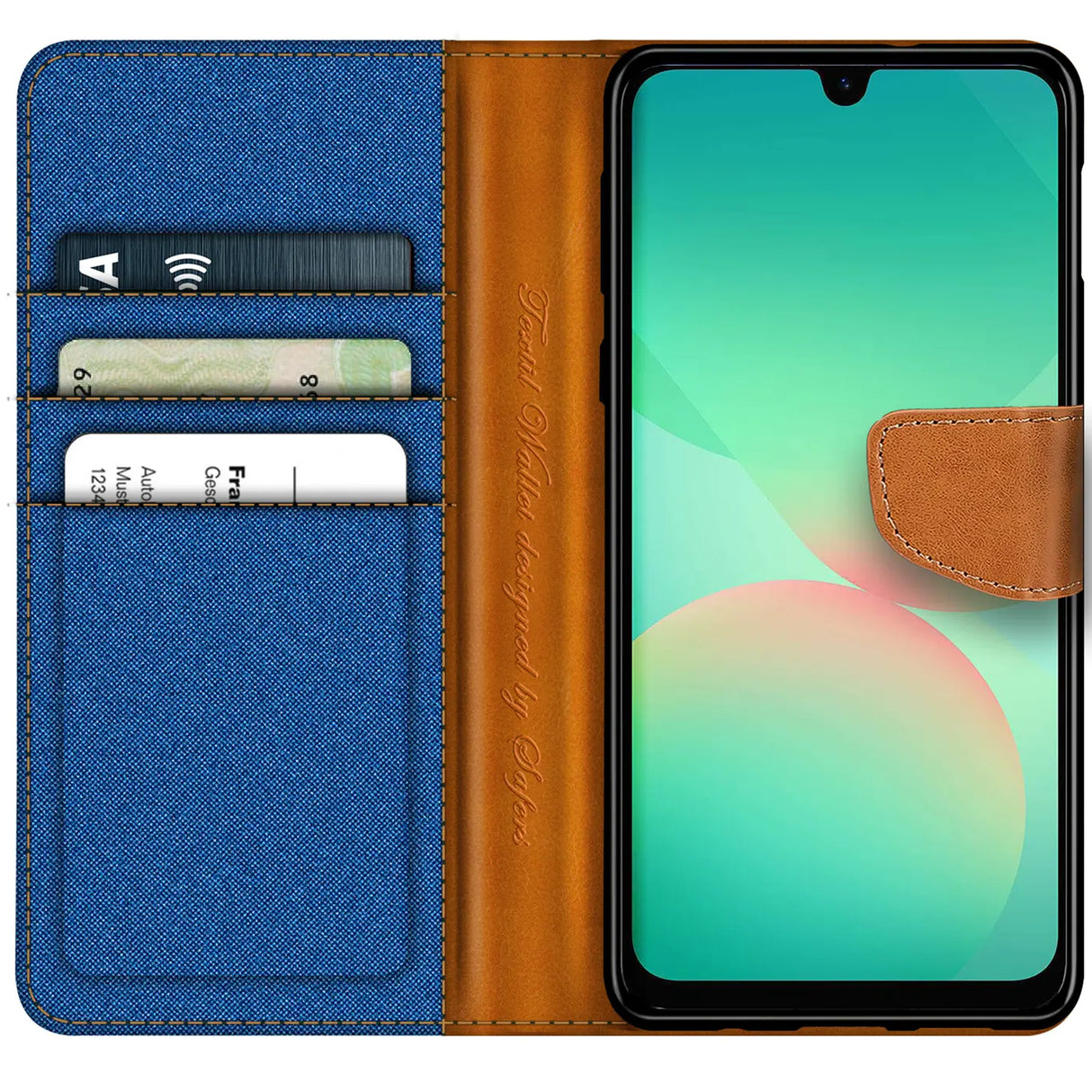 Blaue Textil-Klapphülle mit braunen Lederdetails, Kartenfächern, offen, zeigt Samsung Galaxy A27 5G.