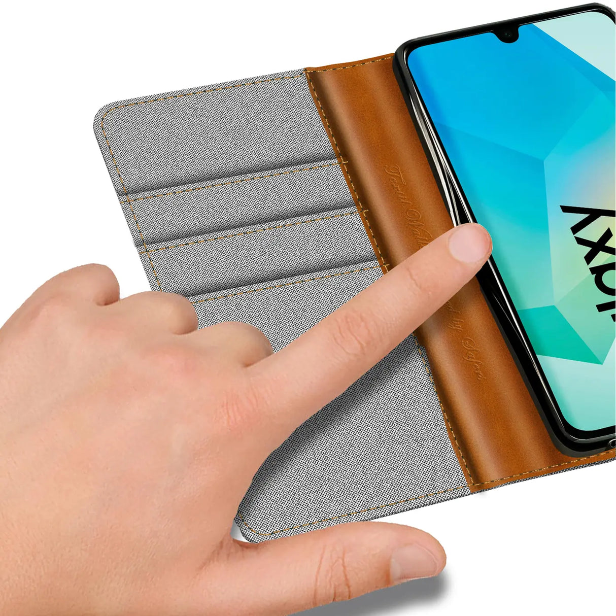 Graue Textil-Klapphülle mit braunen Lederdetails, Kartenfächern und Samsung Galaxy A27 5G.