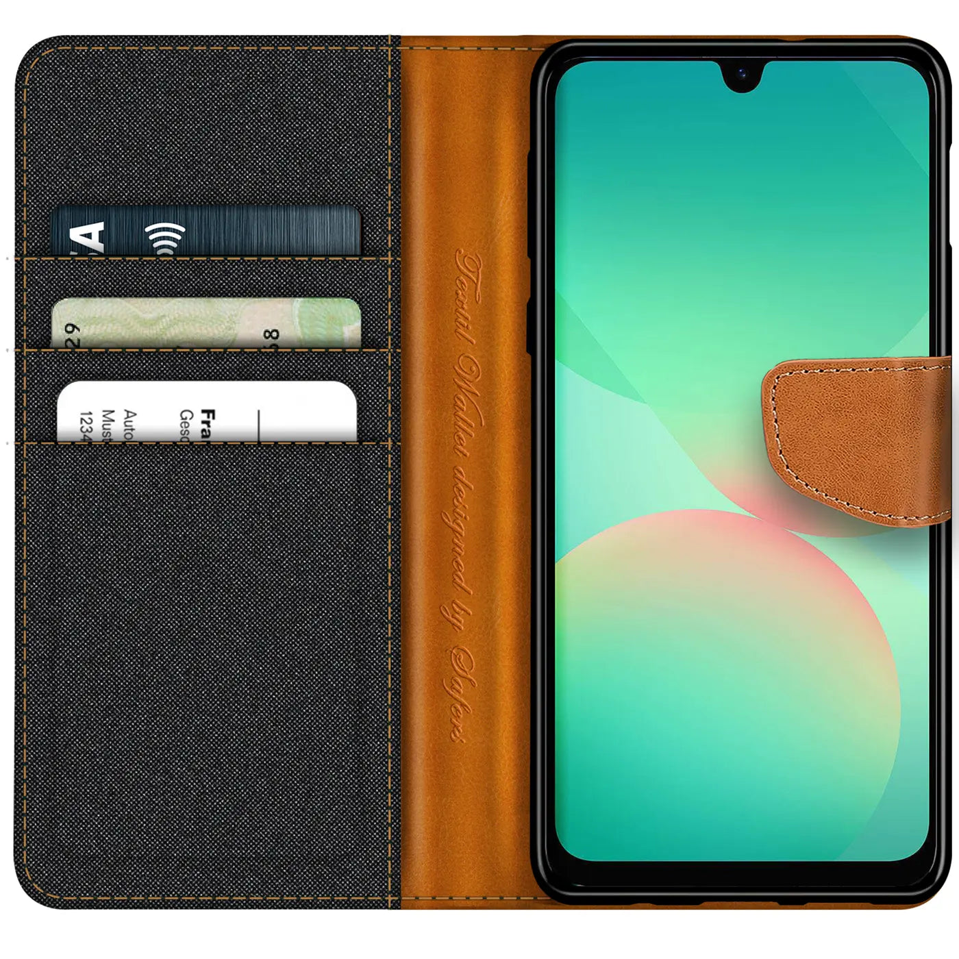 Textil-Klapphülle in Schwarz/Braun mit Kartenfächern, Samsung Galaxy A27 5G.