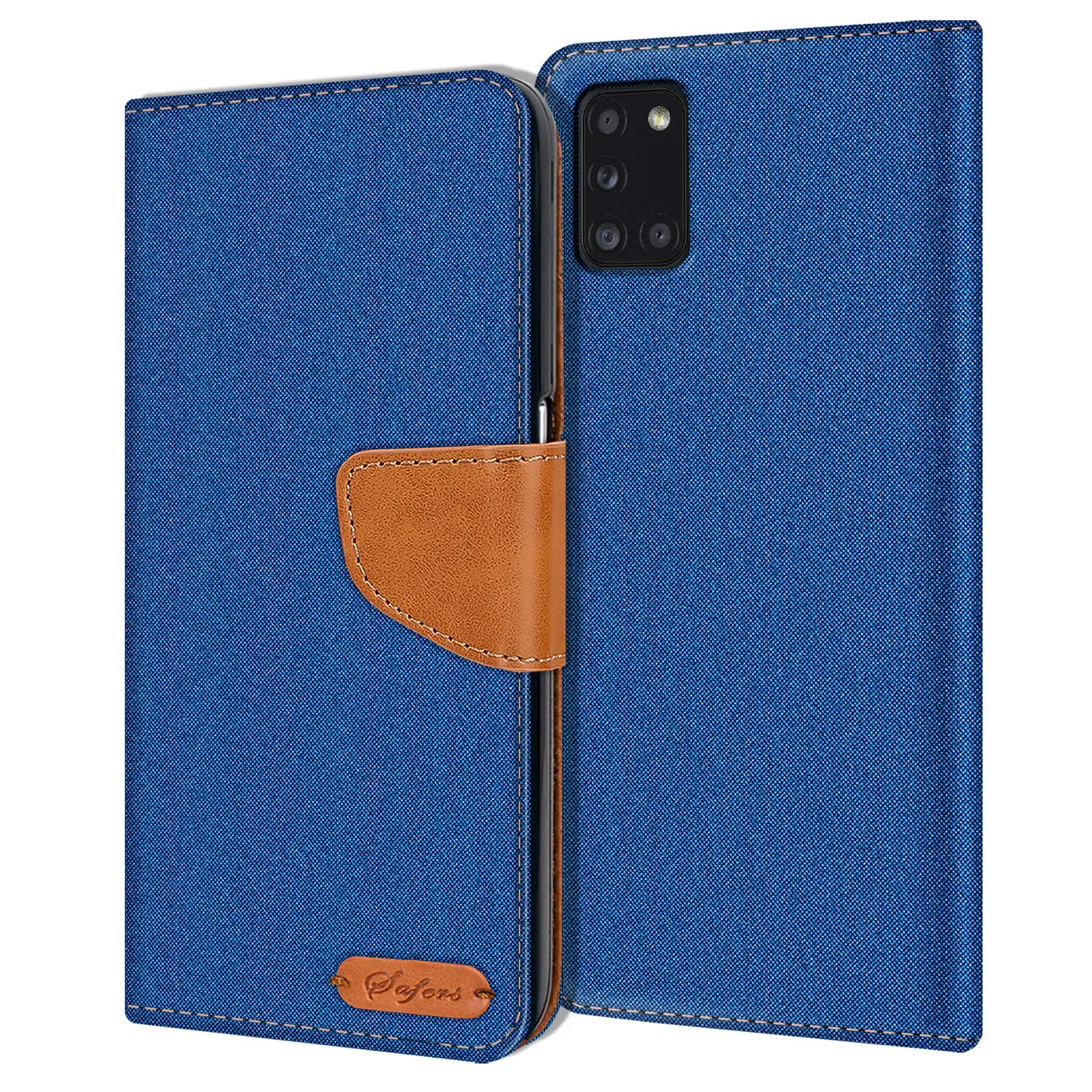 Blaue Textil-Klapphülle mit braunem Lederriemen und Kartenfach, Vorderansicht, Samsung Galaxy A31.