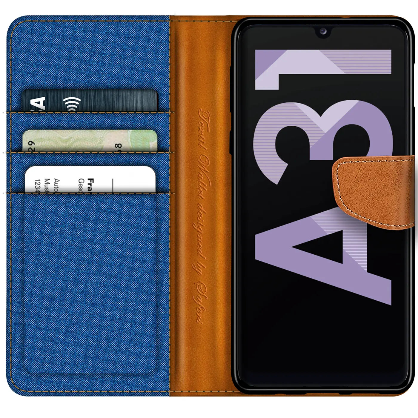 Blaue Textil-Klapphülle mit braunen Lederdetails, Kartenfächer, Samsung Galaxy A31 sichtbar.