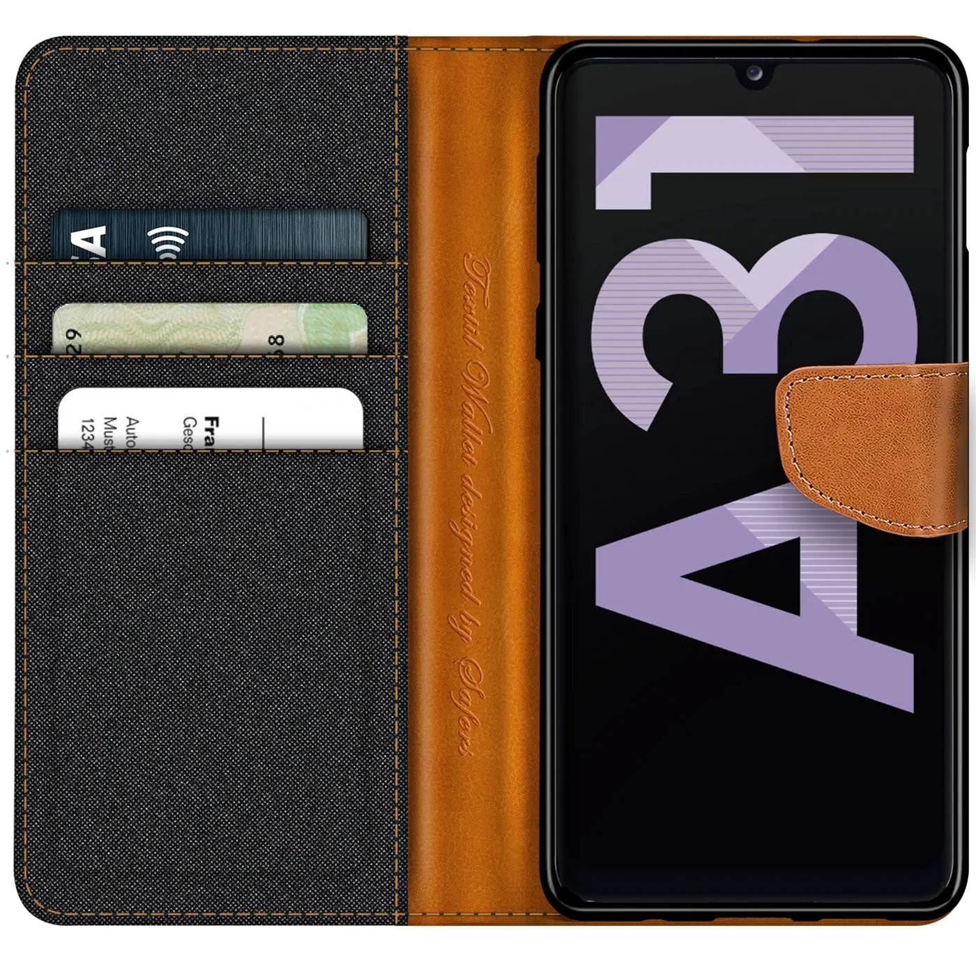 Textil-Klapphülle mit Kartenfach für Samsung Galaxy A31, braun/grau, von vorne