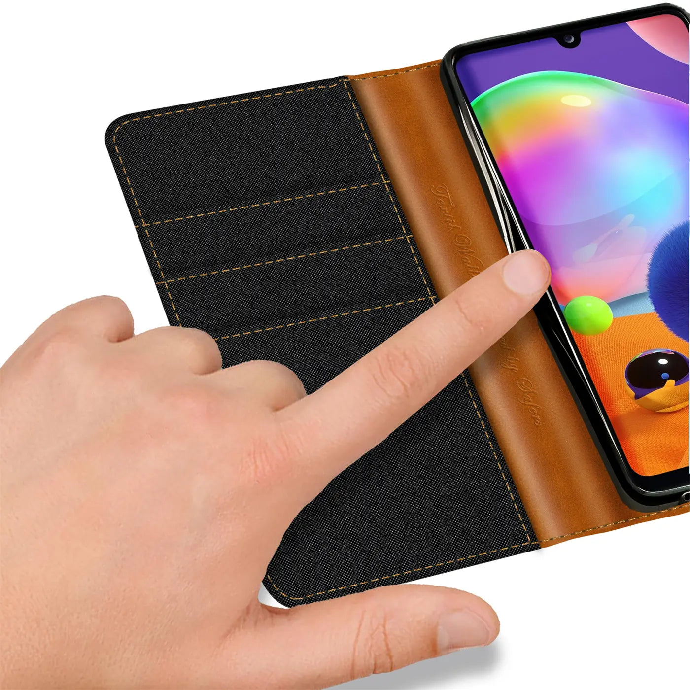 Schwarz-braune Textil-Klapphülle mit Kartenfach, Samsung Galaxy A31, Nahaufnahme