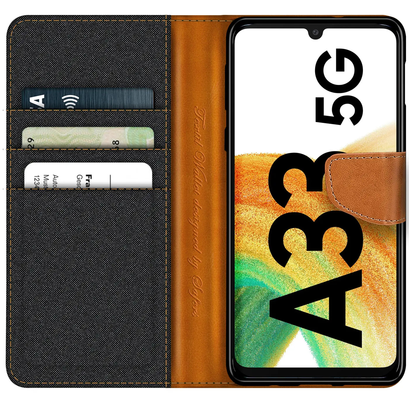 Textil-Klapphülle mit Kartenfach, braun/schwarz, für Samsung Galaxy A33 5G, von vorne