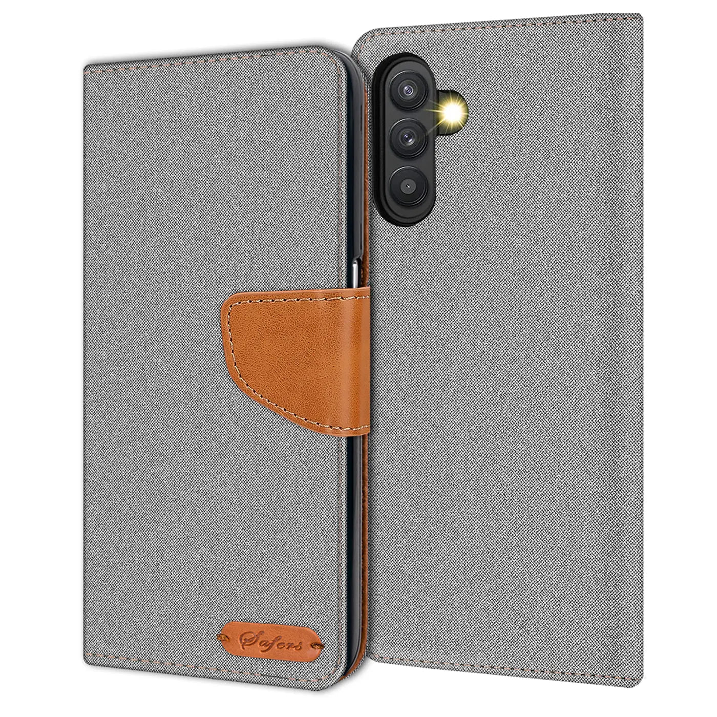Graue Textil-Klapphülle mit braunem Leder-Riegel für Samsung Galaxy A34 5G.