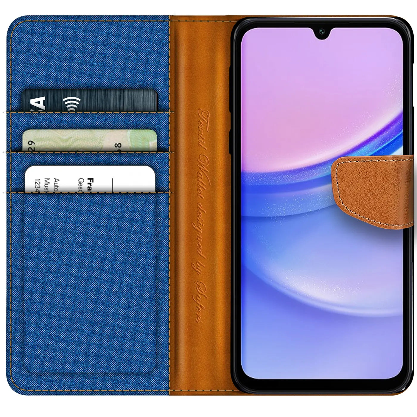 Blaue Textil-Klapphülle mit braunem Leder-Kartenfach, Samsung Galaxy A35 5G.