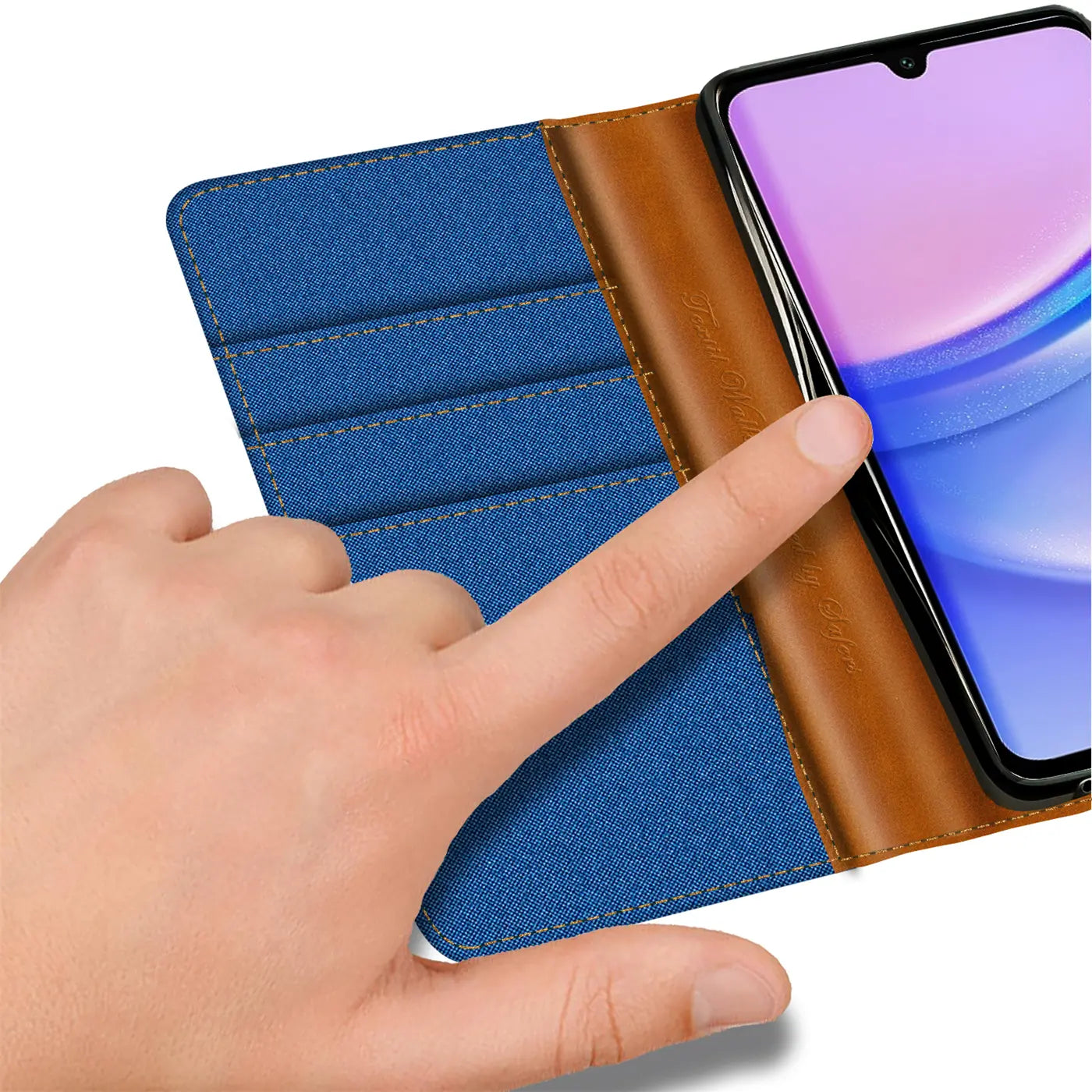 Blaue Textil-Klapphülle mit braunem Lederdetail und Kartenfach, Samsung Galaxy A35 5G.