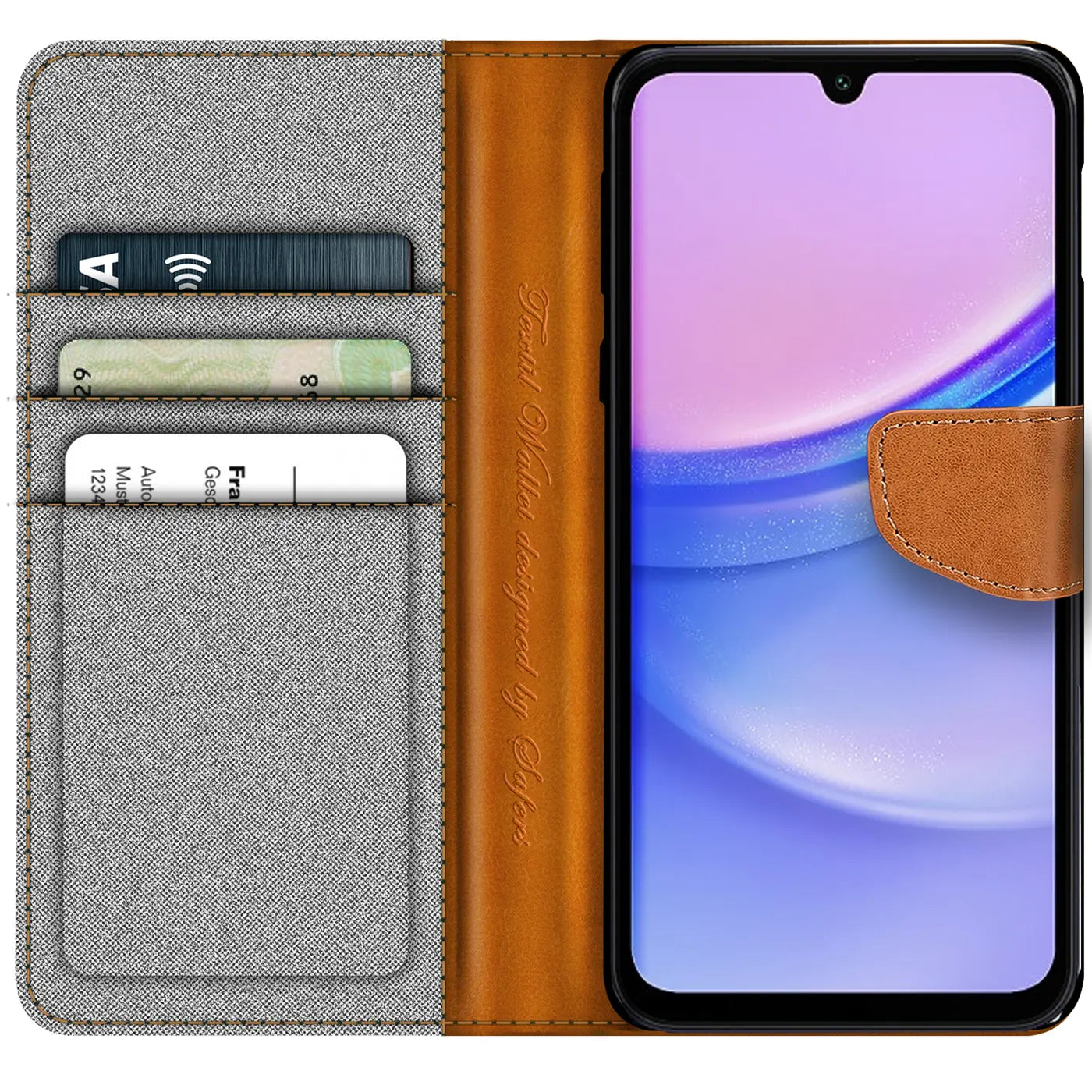 Graue Textil-Klapphülle mit braunen Lederdetails, Kartenfächern, zeigt Samsung Galaxy A35 5G.