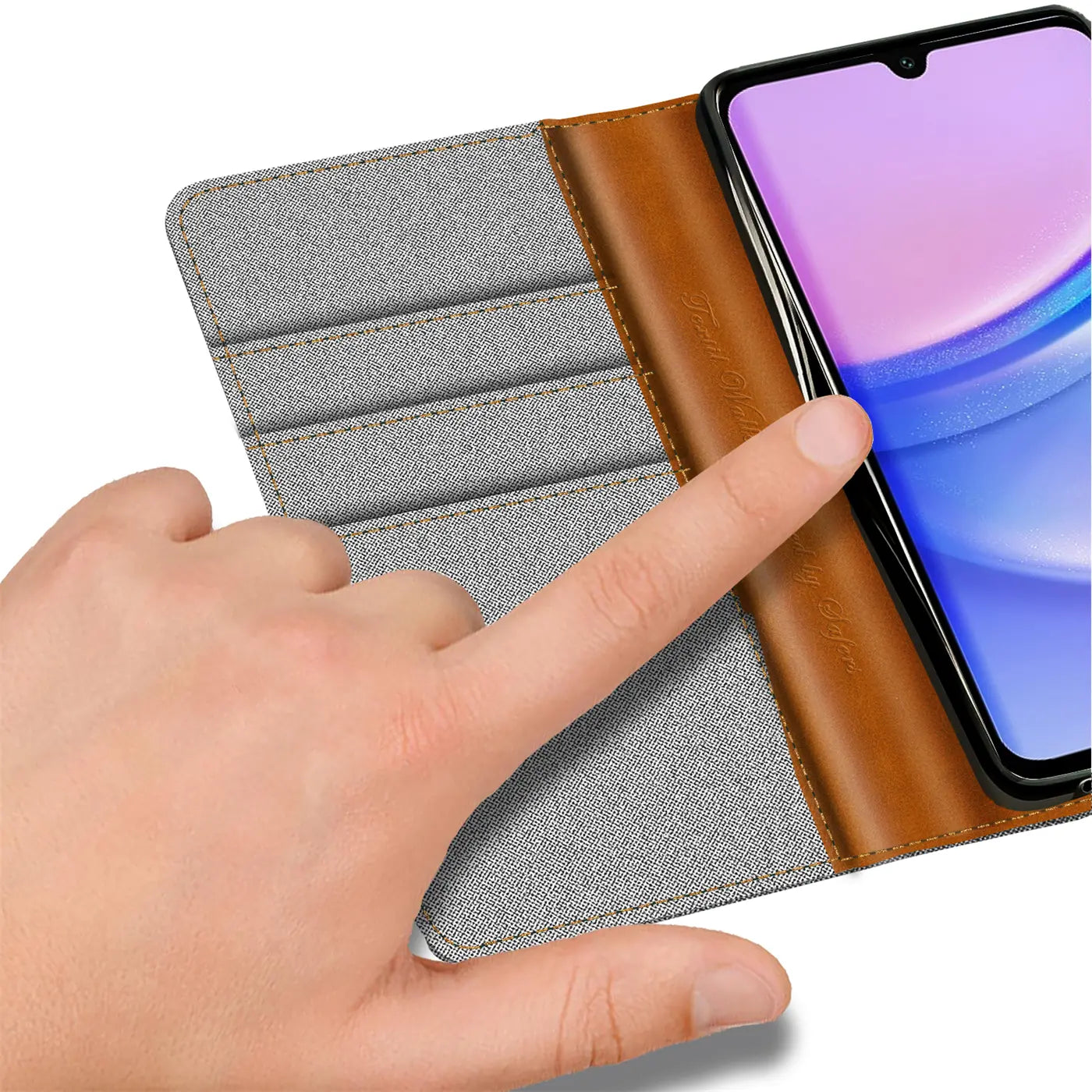 Graue Textil-Klapphülle mit braunem Lederdetail, Kartenfächer, Samsung Galaxy A35 5G.
