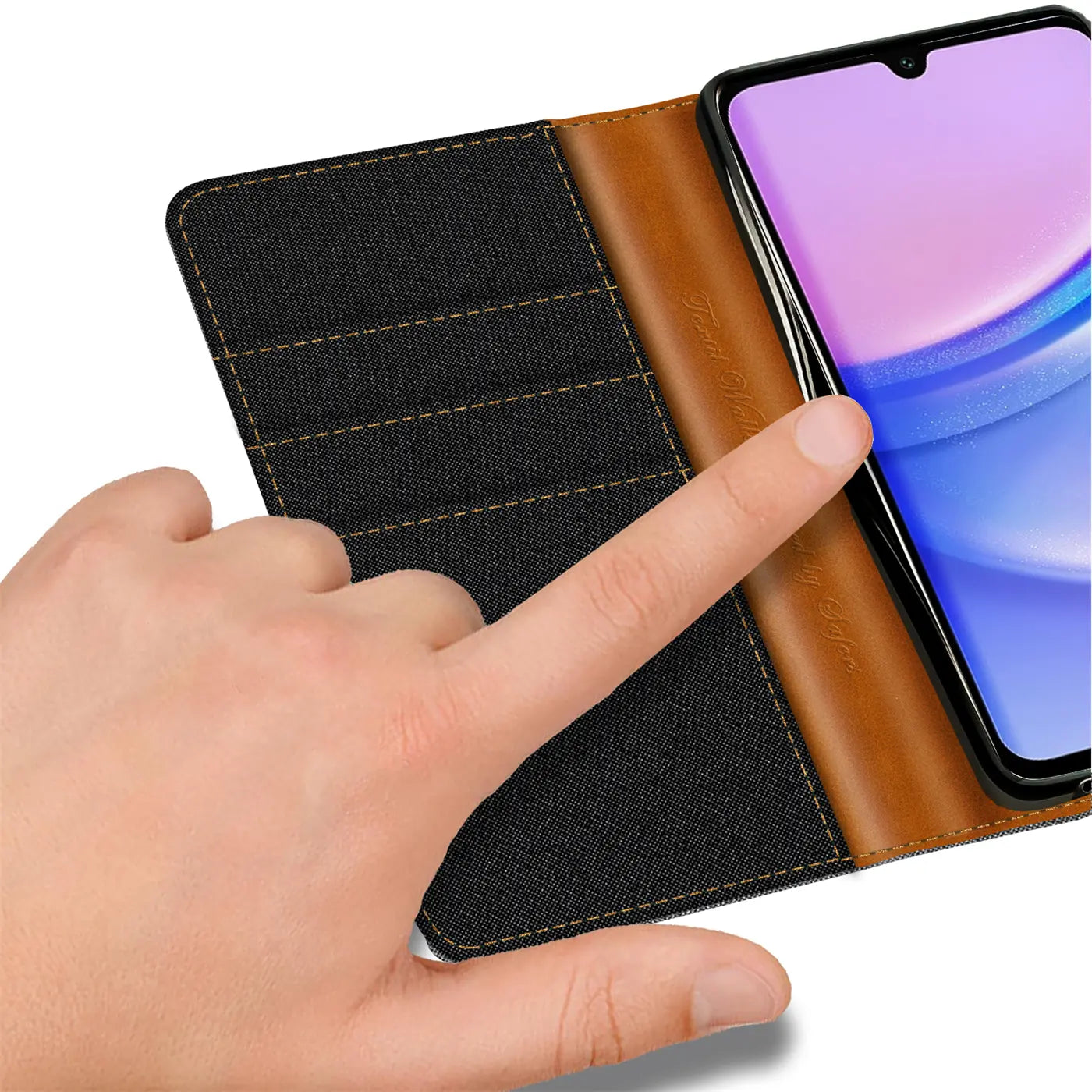 Textil-Klapphülle mit Kartenfach, braun/schwarz, Nahaufnahme, Samsung Galaxy A35 5G