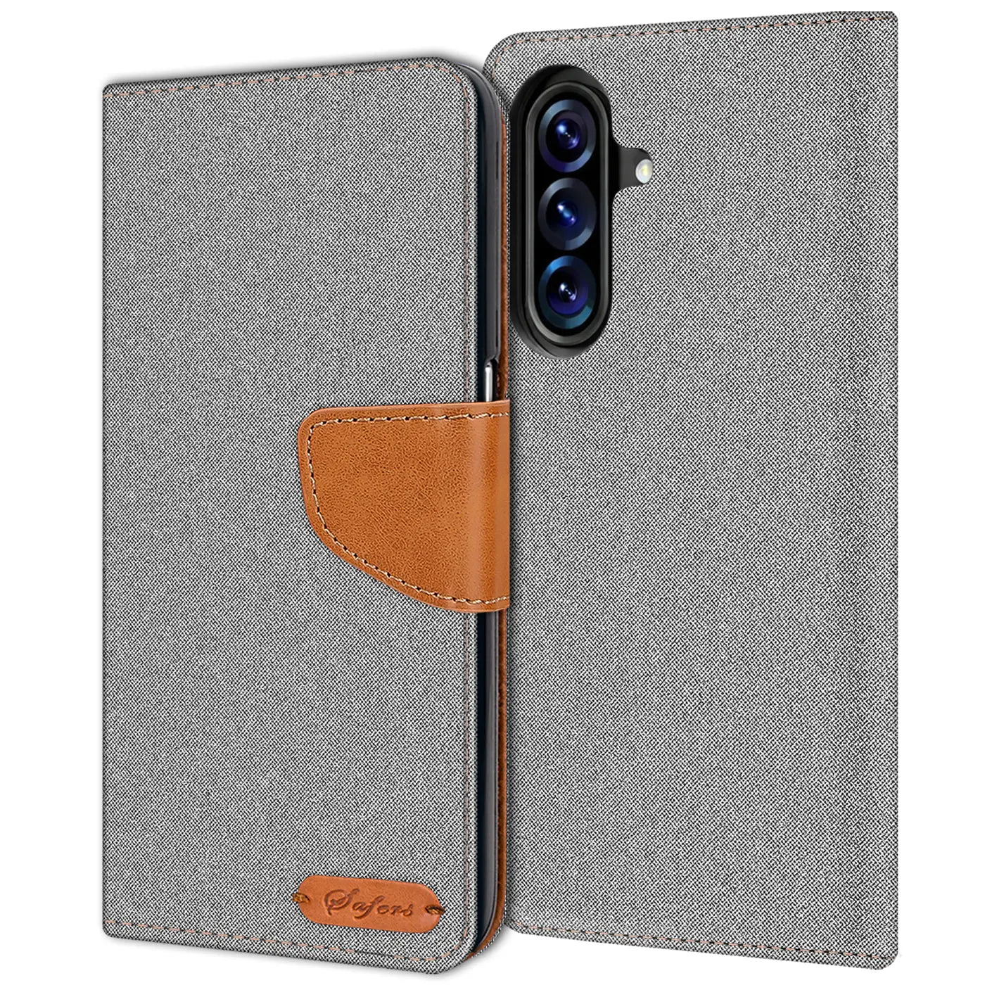 Graue Textil-Klapphülle mit braunem Lederakzent für Samsung Galaxy A37 5G, von vorne