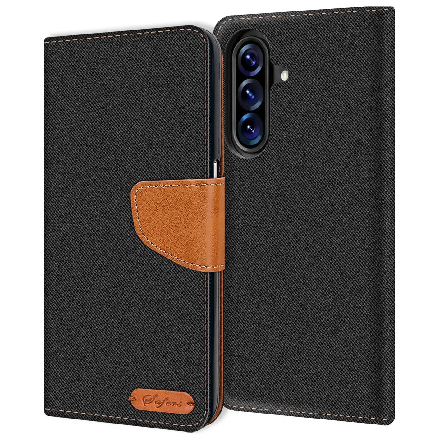Schwarze Textil-Klapphülle mit braunem Lederakzent für Samsung Galaxy A37 5G, von vorne.