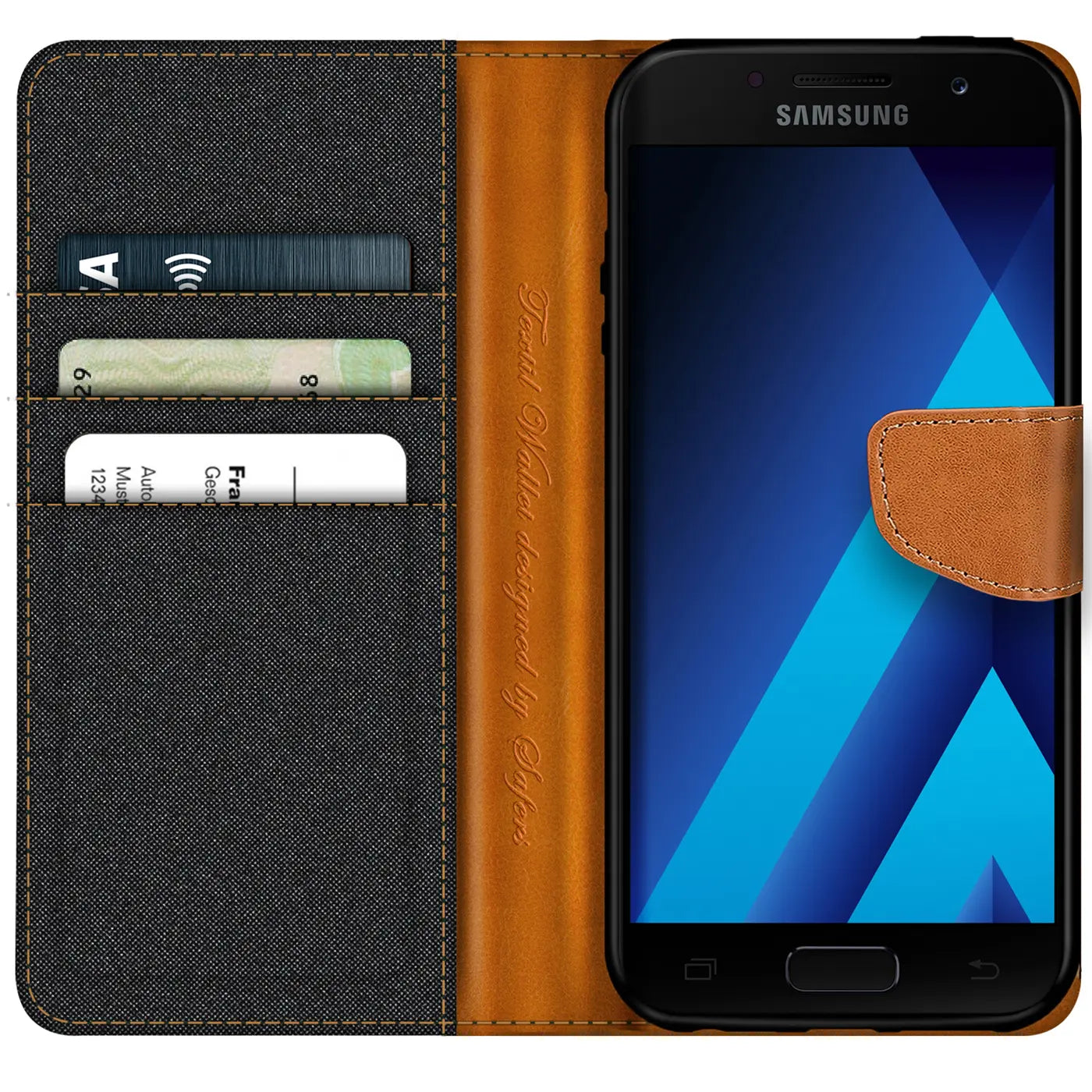 Textil-Klapphülle mit Kartenfach, braun/grau, Samsung Galaxy A3 2017, von vorn