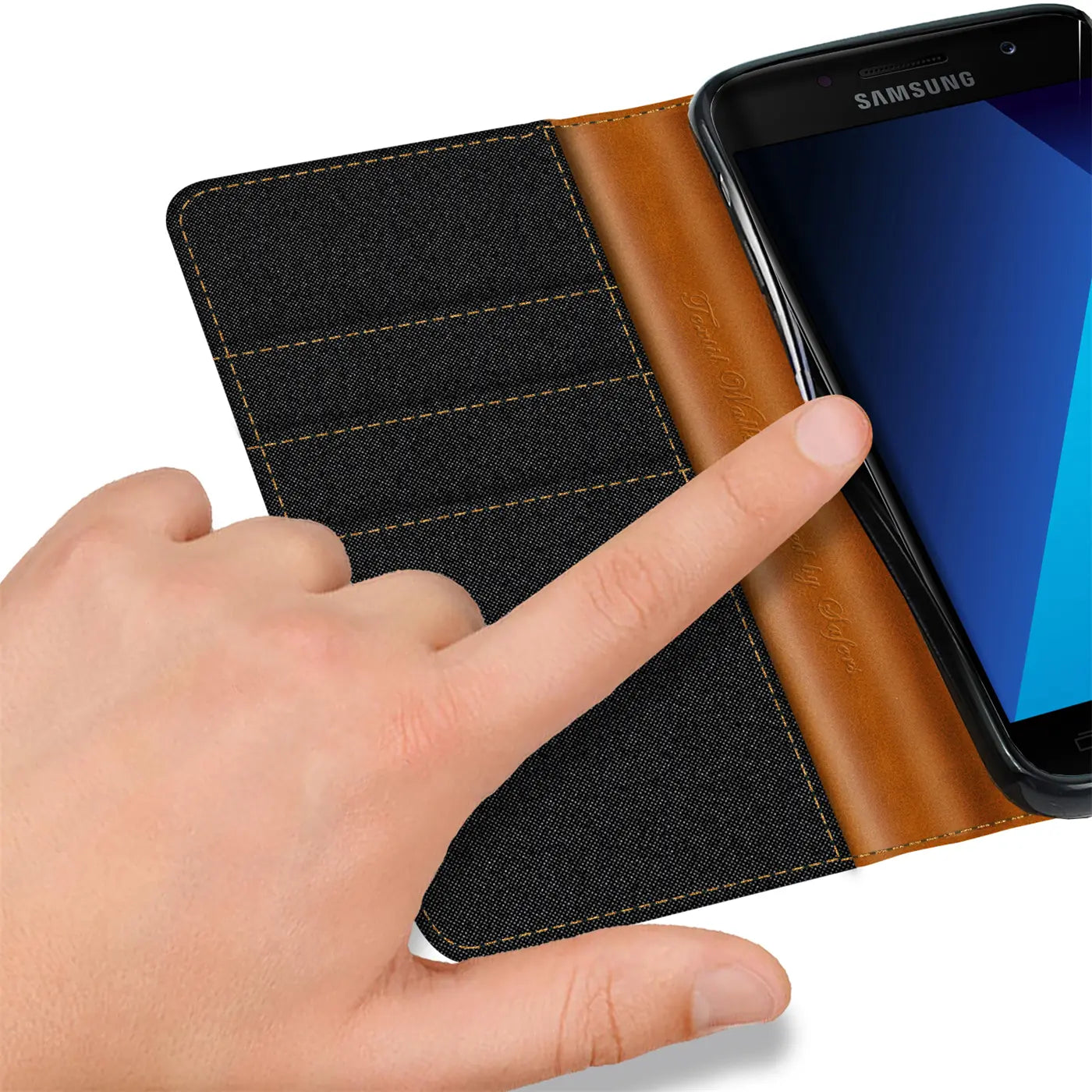 Textil-Klapphülle, braun/schwarz, mit Kartenfach, Samsung Galaxy A3 2017, Nahaufnahme
