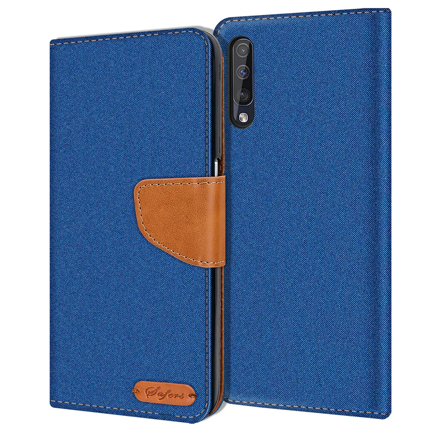 Blaue Textil-Klapphülle mit braunem Lederakzent, offen, zeigt Samsung A50/A30s Rückseite.