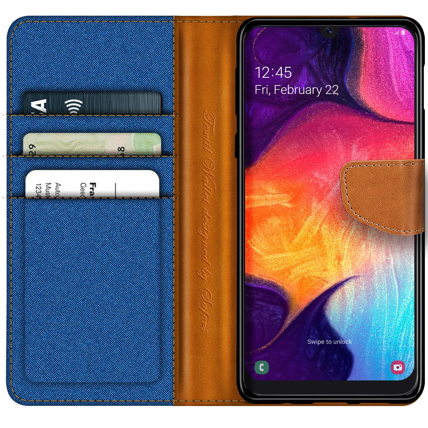 Blaue Textil-Klapphülle mit braunen Lederdetails, Kartenfächern, Samsung A50/A30s.