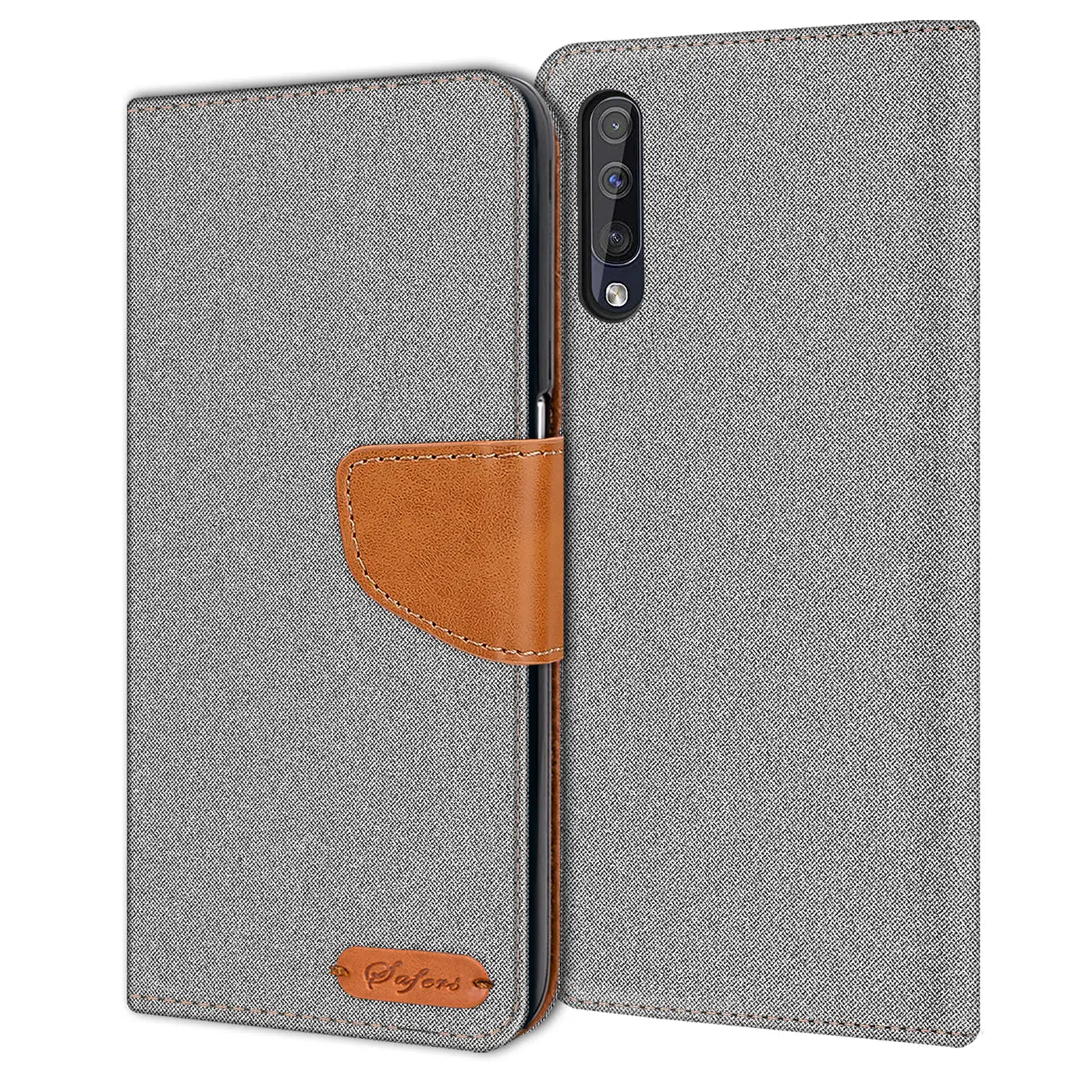Graue Textil-Klapphülle mit braunem Lederdetail, geöffnet, zeigt Rückseite eines Samsung Galaxy A50/A30s.
