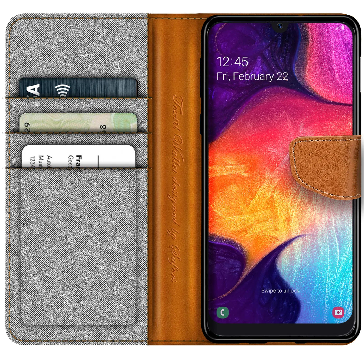 Braun Textil-Klapphülle mit Kartenfach, Samsung Galaxy A50/A30s, von vorne