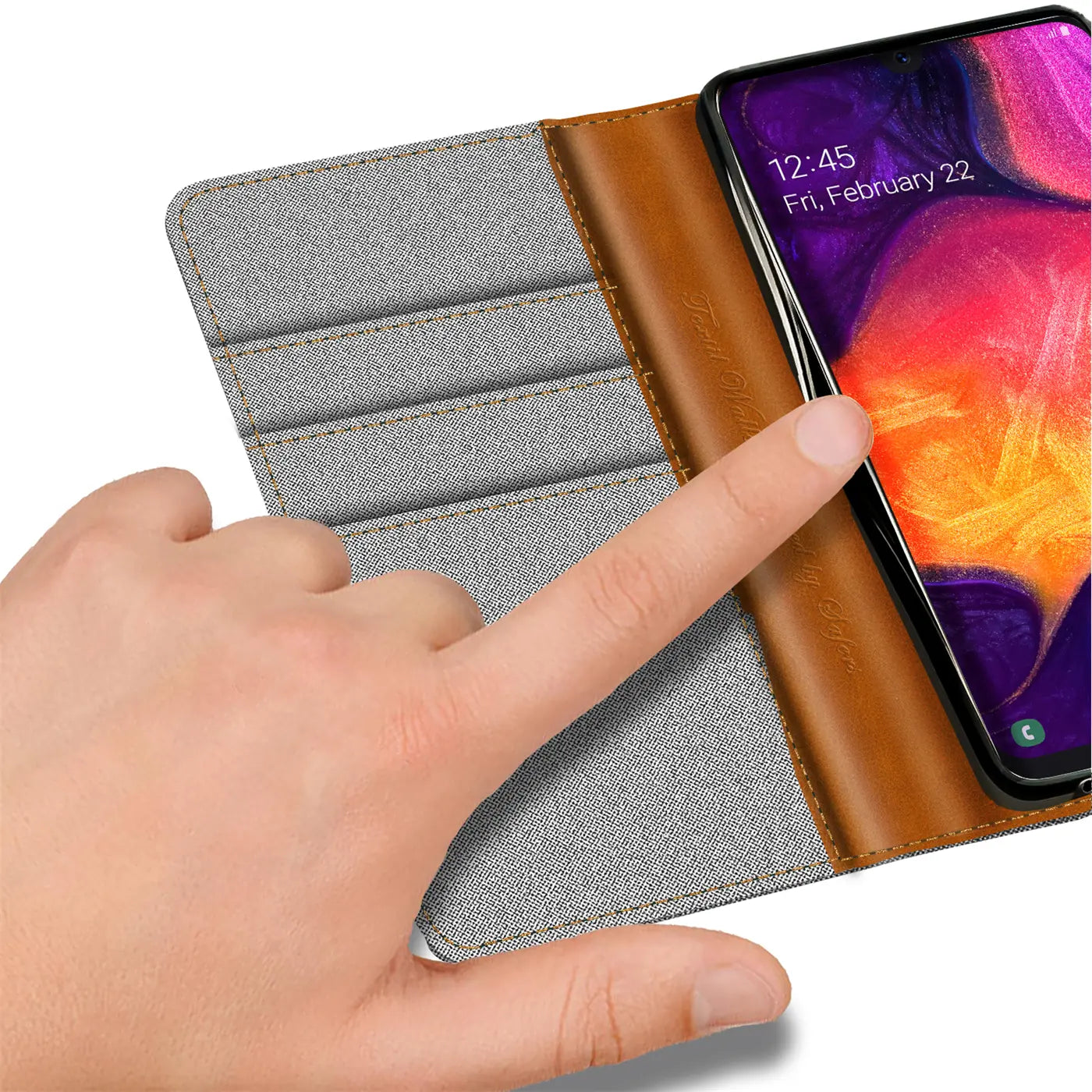 Graue Textil-Klapphülle mit braunen Lederdetails, Kartenfächer, Samsung Galaxy A50/A30s.